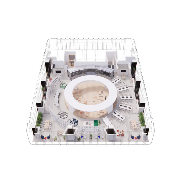 Axonometric cutaway of the office floor with circular atrium, peripheral workspaces, and potted greenery