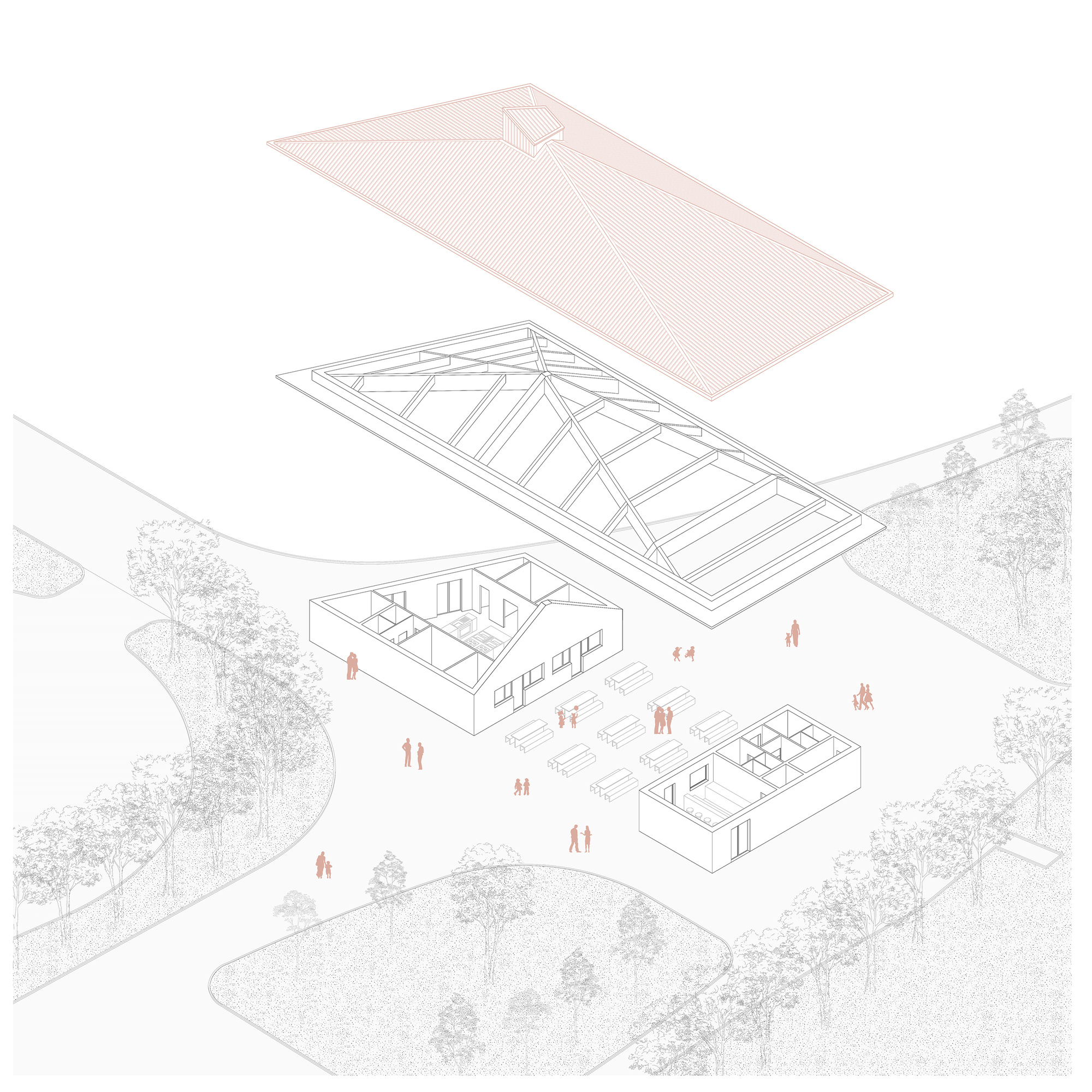 Axonometric drawing showing roof structure, timber framing, interior volumes, and figures on surrounding plaza