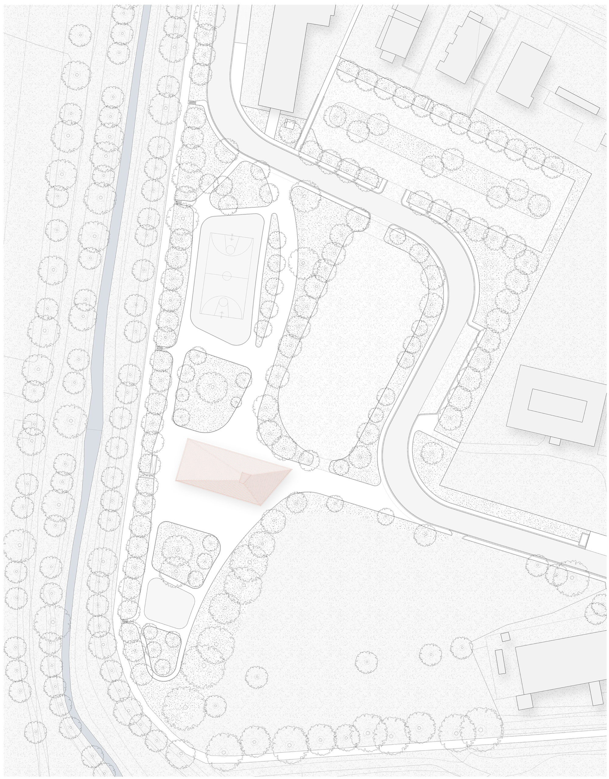 Site plan drawing showing curving pathways, tree-lined streets, and building footprints within a landscaped area