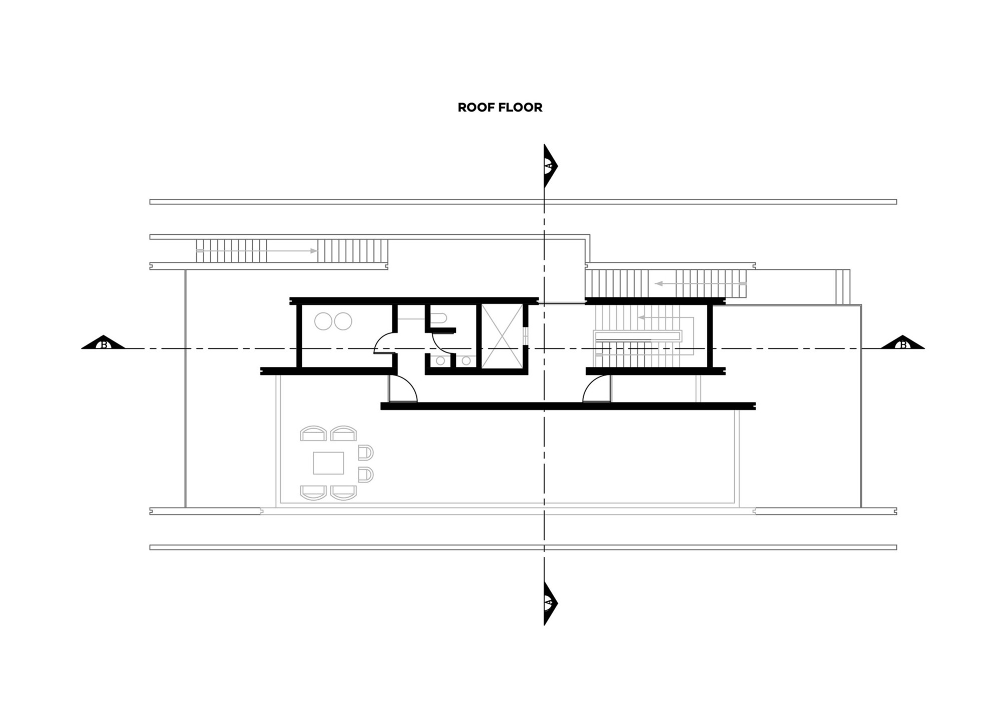 Roof floor plan showing a terrace with dining area and enclosed mechanical spaces