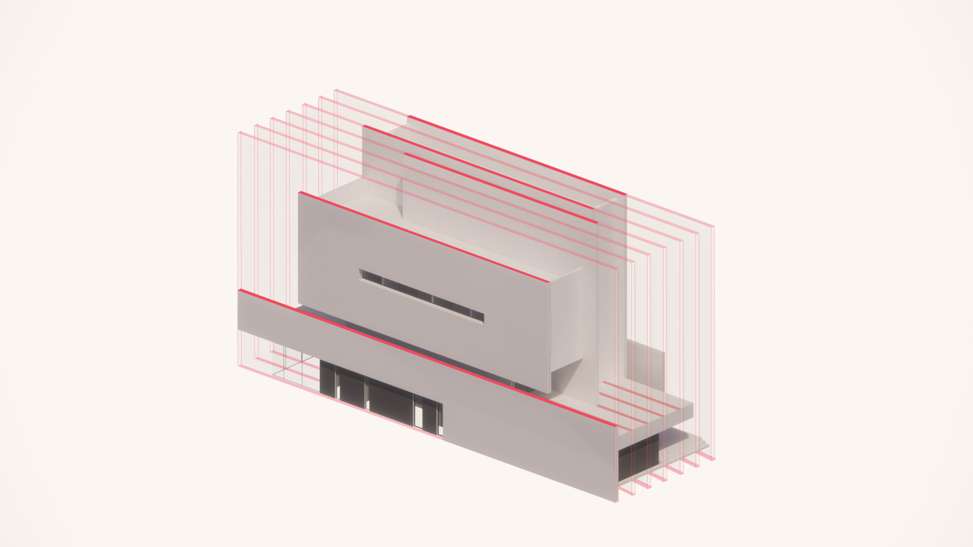 Axonometric diagram showing layered roof planes highlighted in red over a rectangular volume