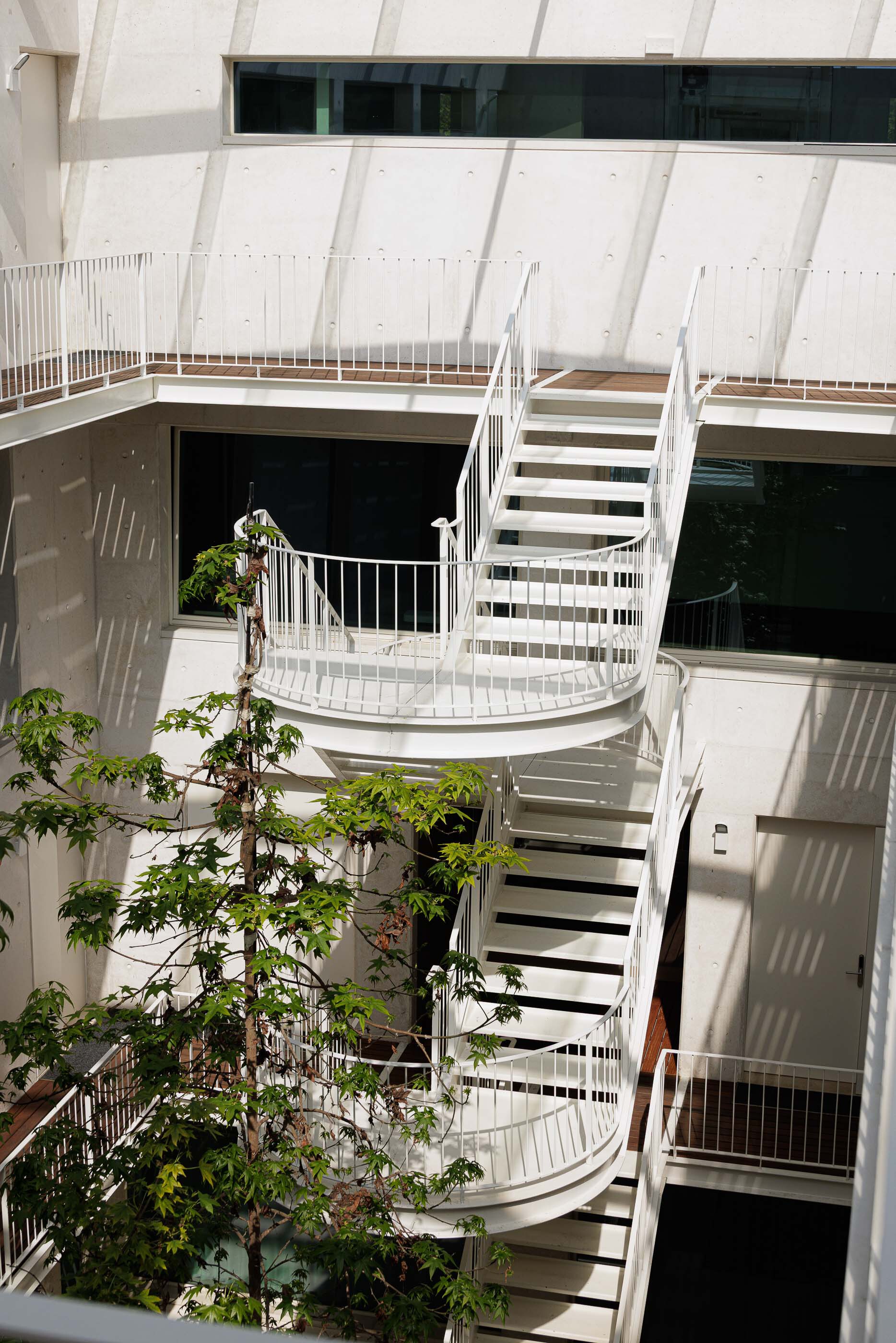 White spiral staircase winding through atrium courtyard with planted trees and dappled shadows