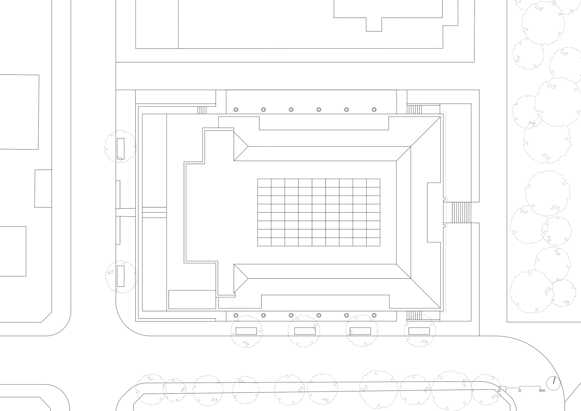 Roof plan drawing showing a central gridded surface surrounded by stepped terraces
