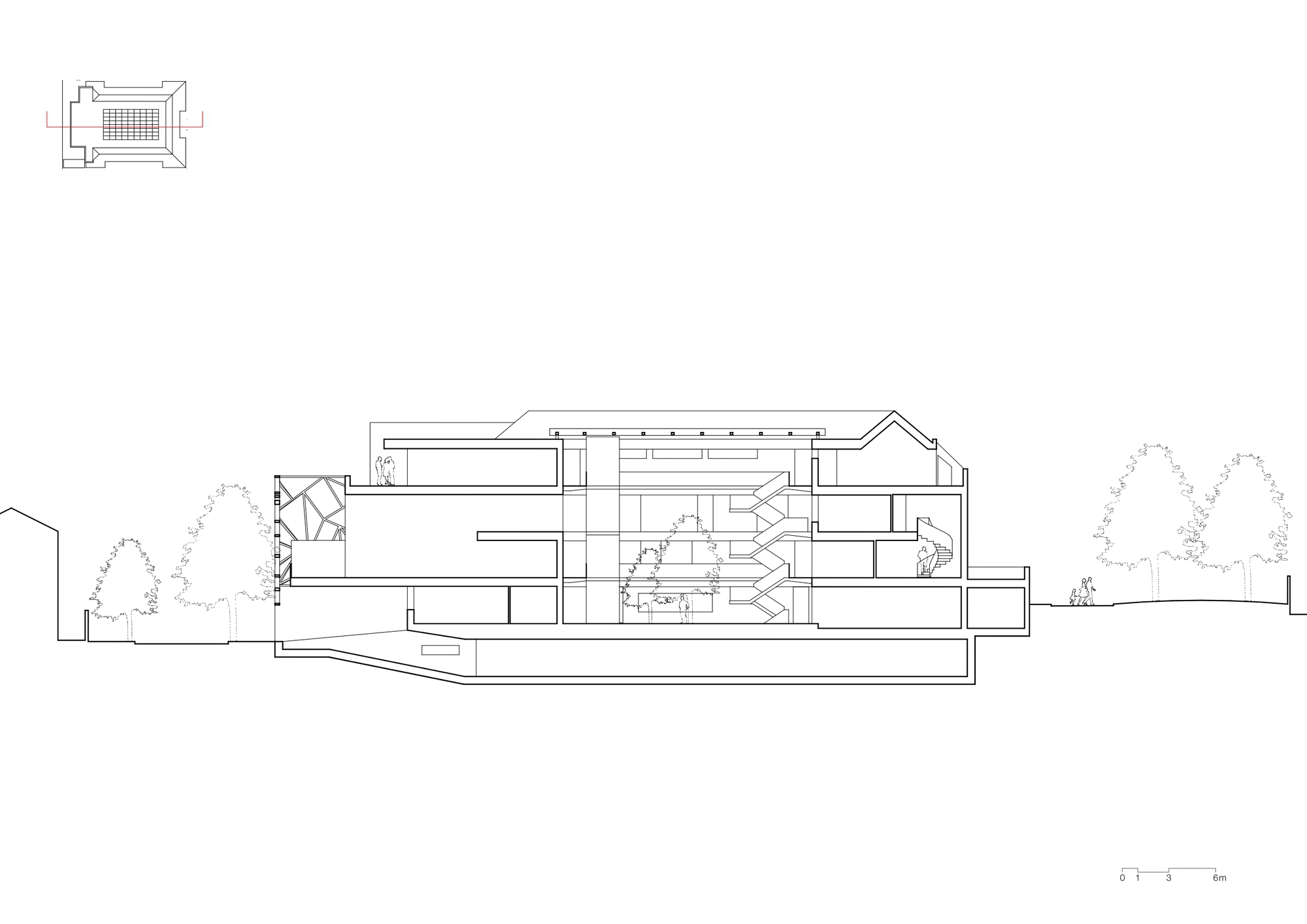 Longitudinal section drawing showing multi-level interior spaces with diagonal staircases and surrounding trees