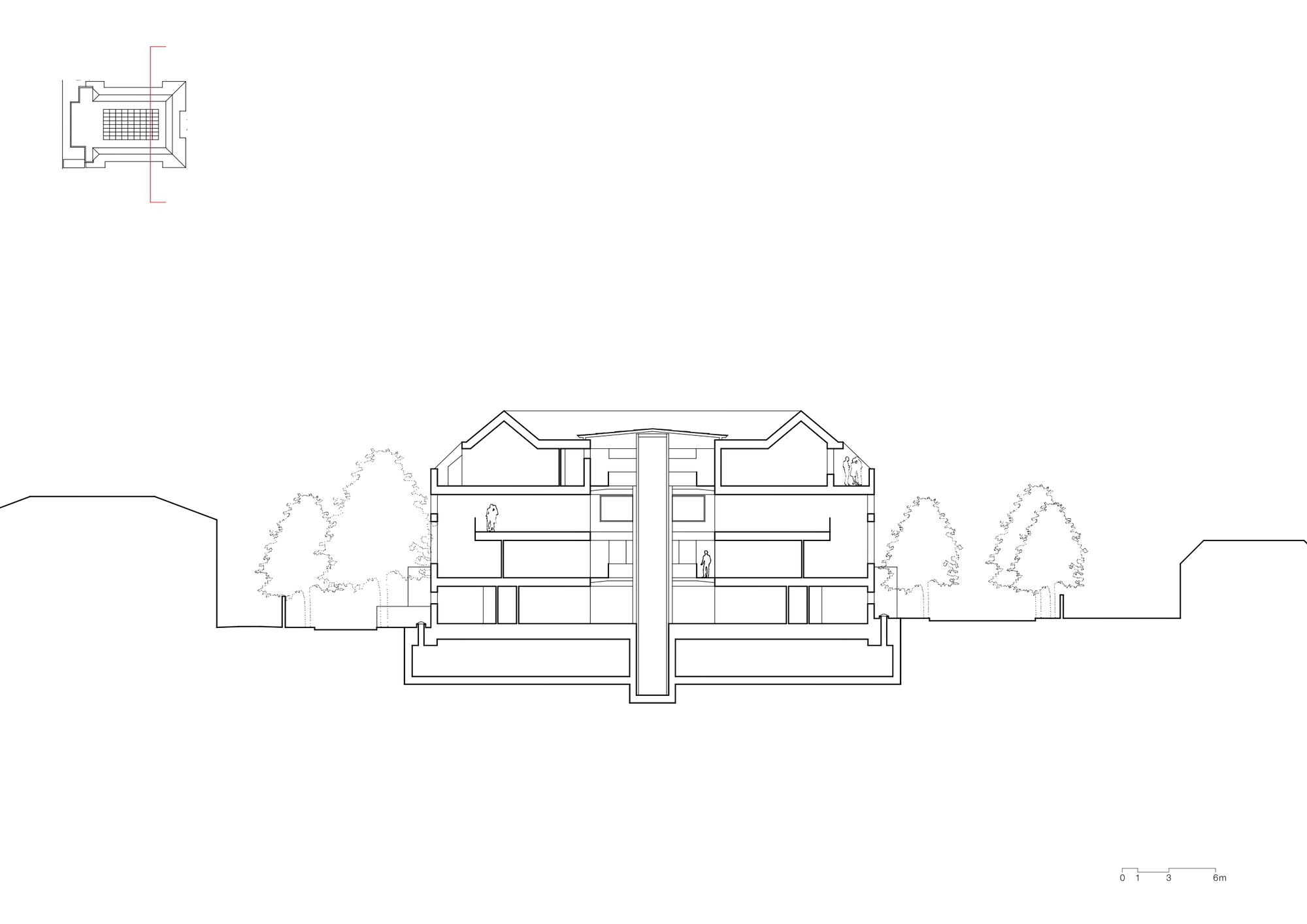 Section drawing showing a symmetrical multi-level structure with central circulation and flanking wings surrounded by trees
