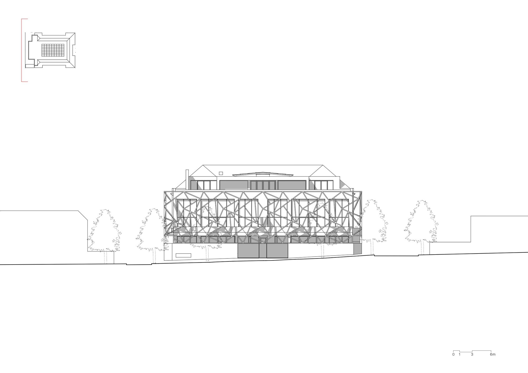 Elevation drawing showing the front facade with ornamental gable roofs and open structural framework at ground level