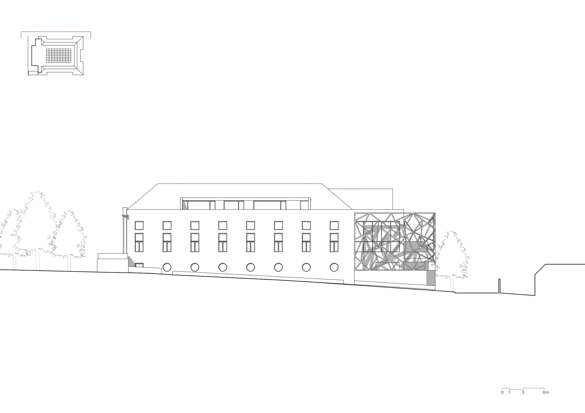 Elevation drawing showing the linear wing with regular fenestration and diagonal braced structural frame at one end