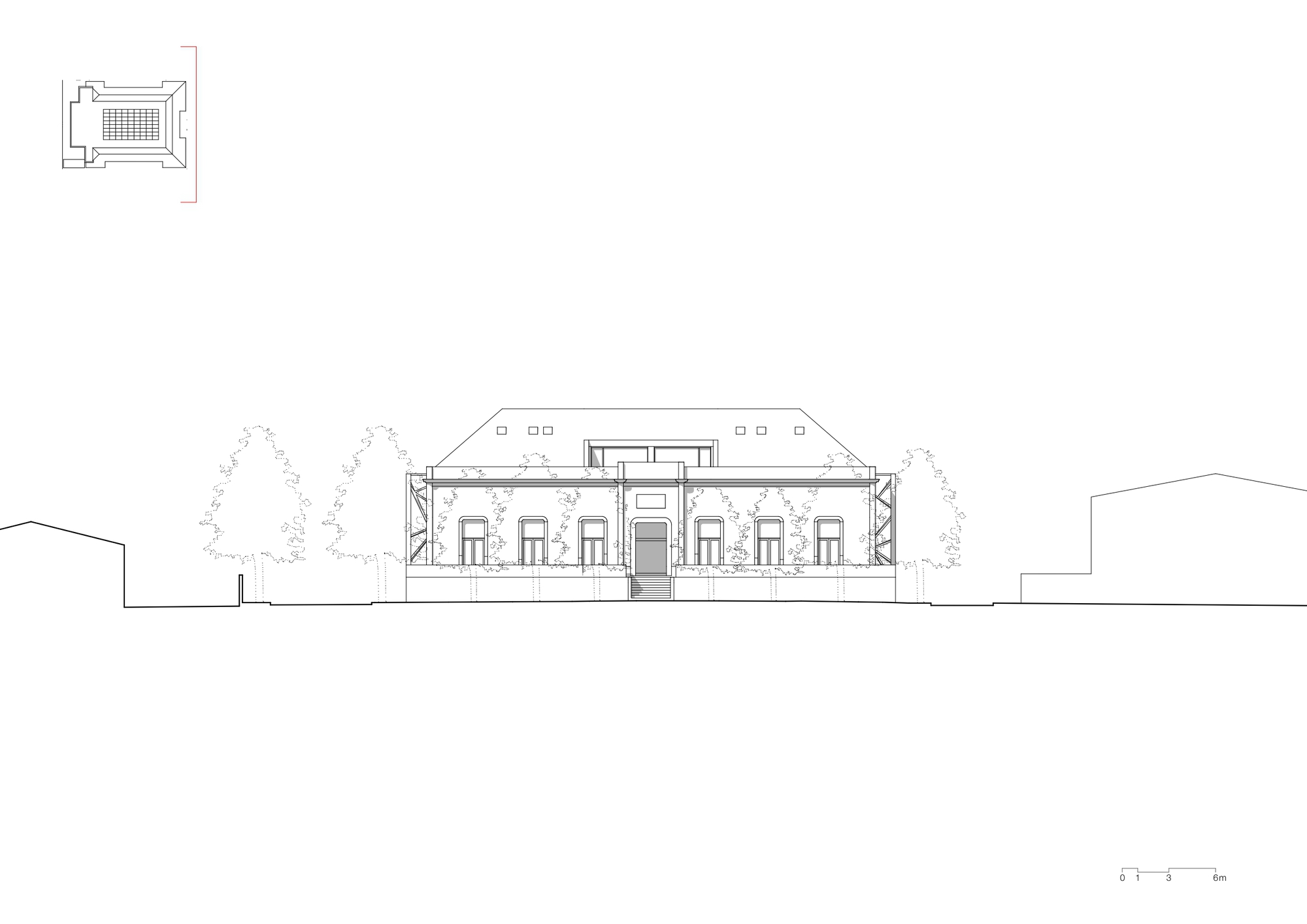 Elevation drawing showing the symmetrical front facade with central entrance flanked by tall windows and surrounding trees