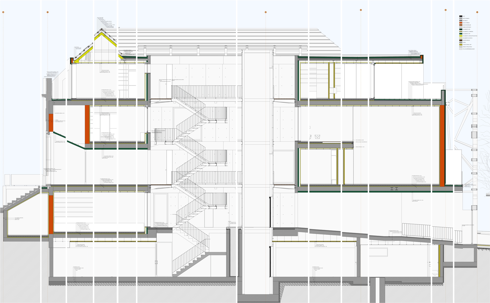 Section drawing showing multi-story interior spaces with staircases, floor slabs, and orange accent walls