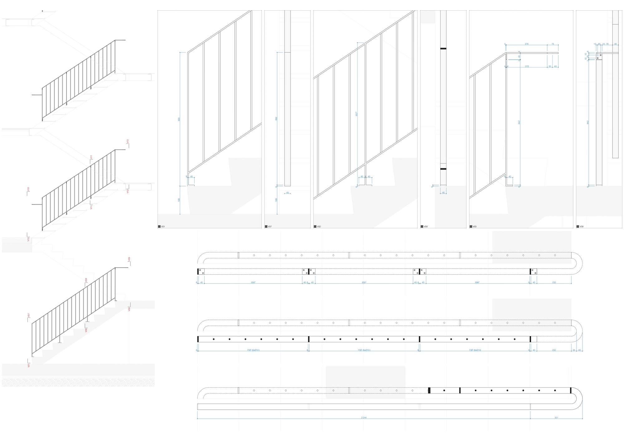 Axonometric drawings showing railing details and structural beam elevations with connection points