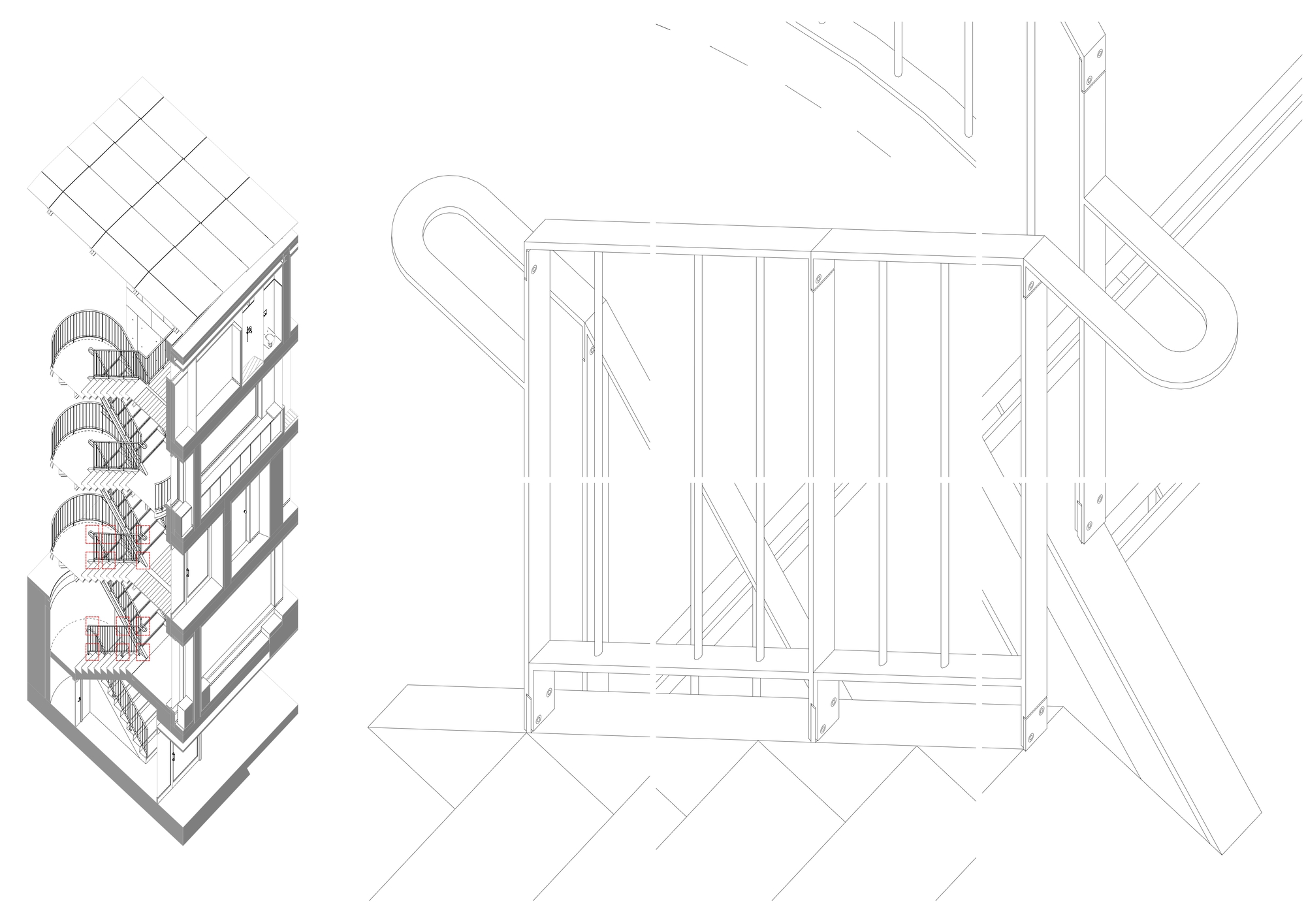 Axonometric and detail drawings of a timber-framed facade module with balconies and structural bracing