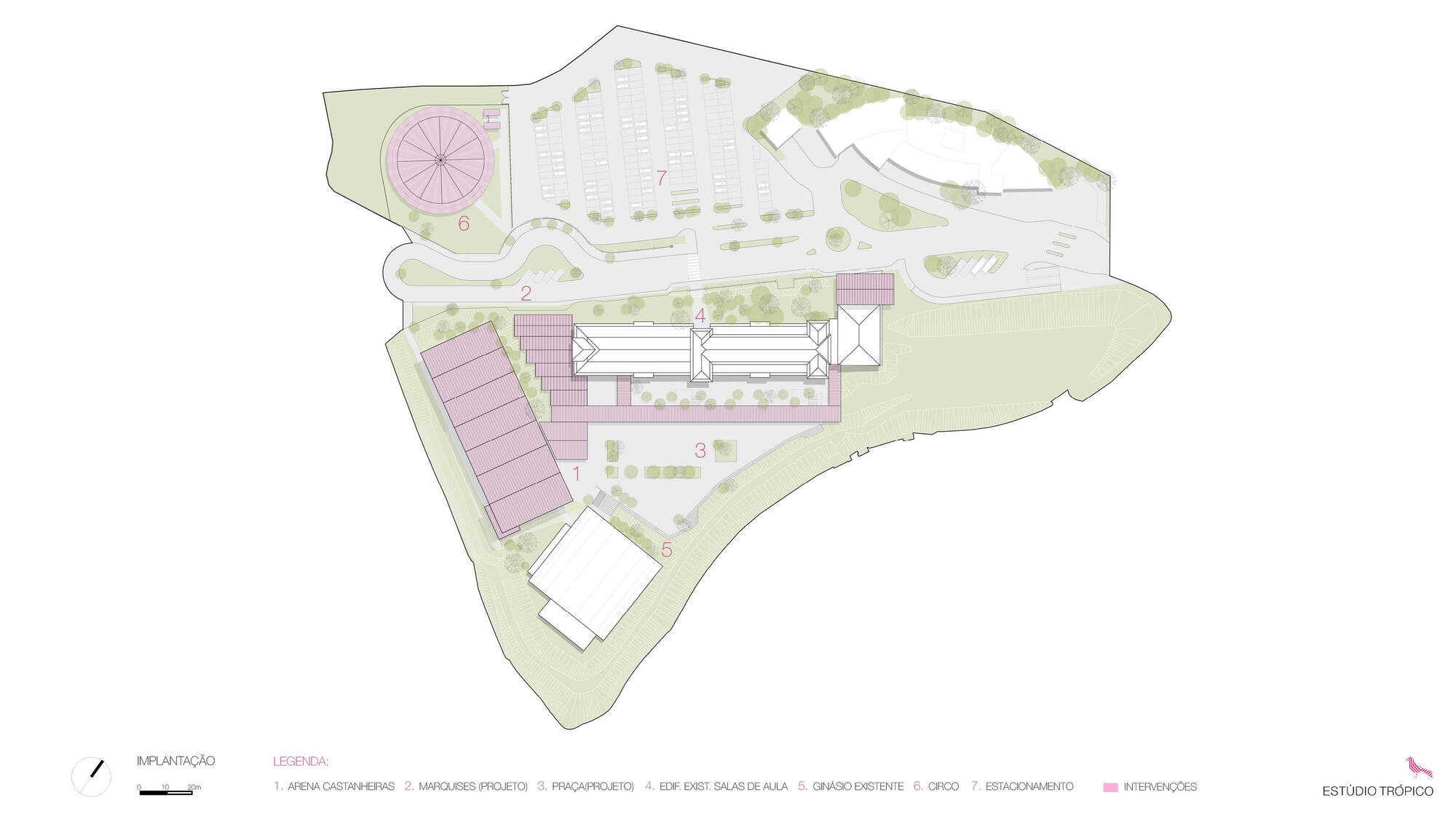 Site plan drawing showing irregular boundary with building footprints and landscape zones
