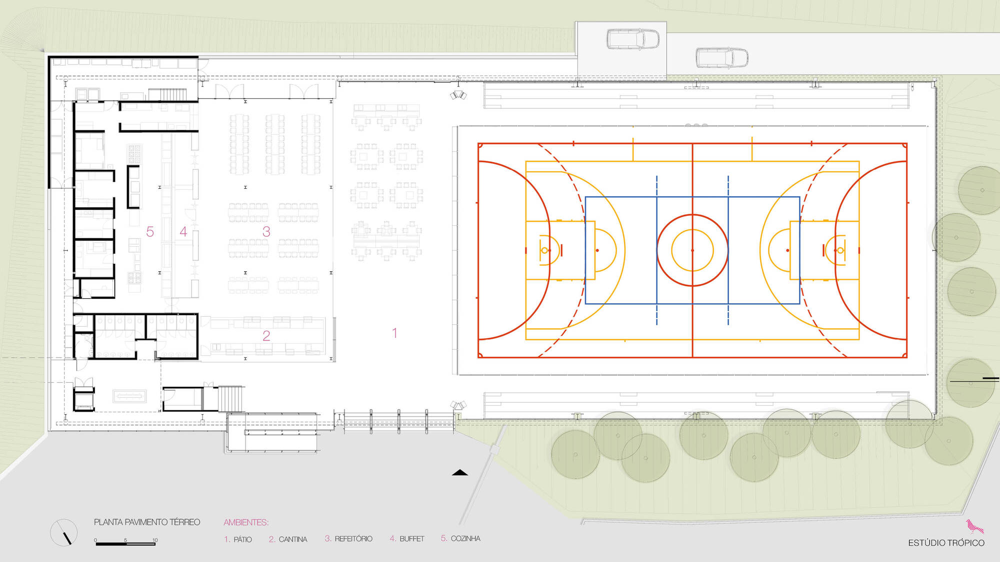 Ground floor plan drawing showing basketball court with adjacent support rooms and tree row
