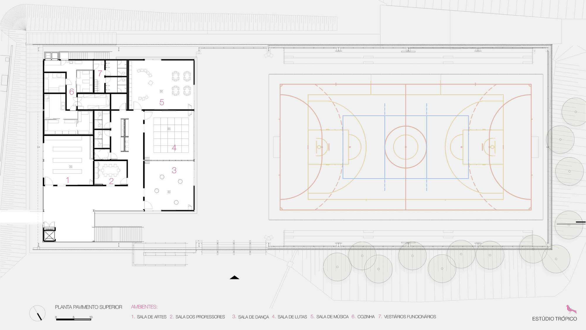 Upper floor plan drawing showing rooms flanking the full-length basketball court with surrounding trees