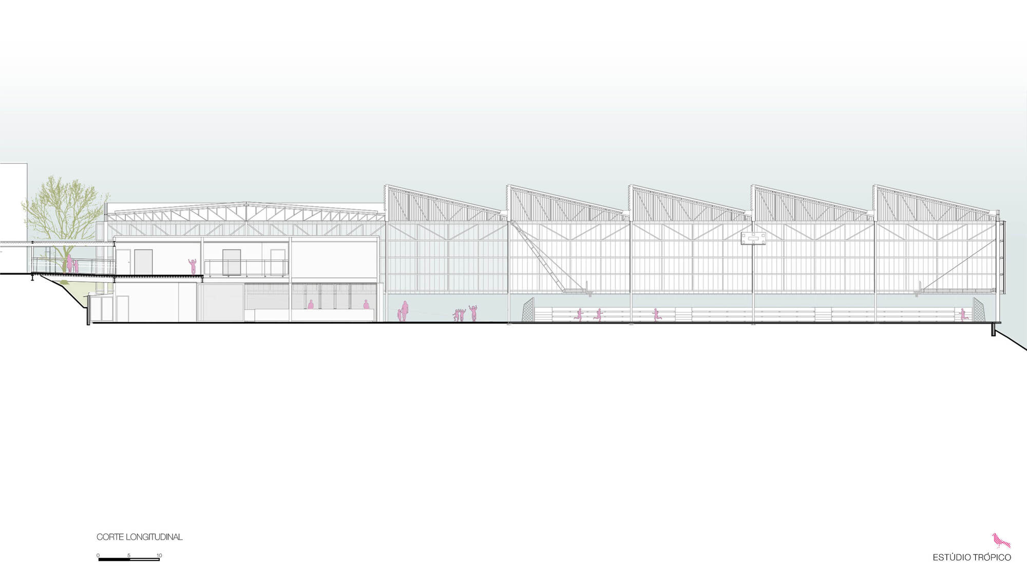 Longitudinal section drawing showing exposed truss roof structure spanning the basketball court hall