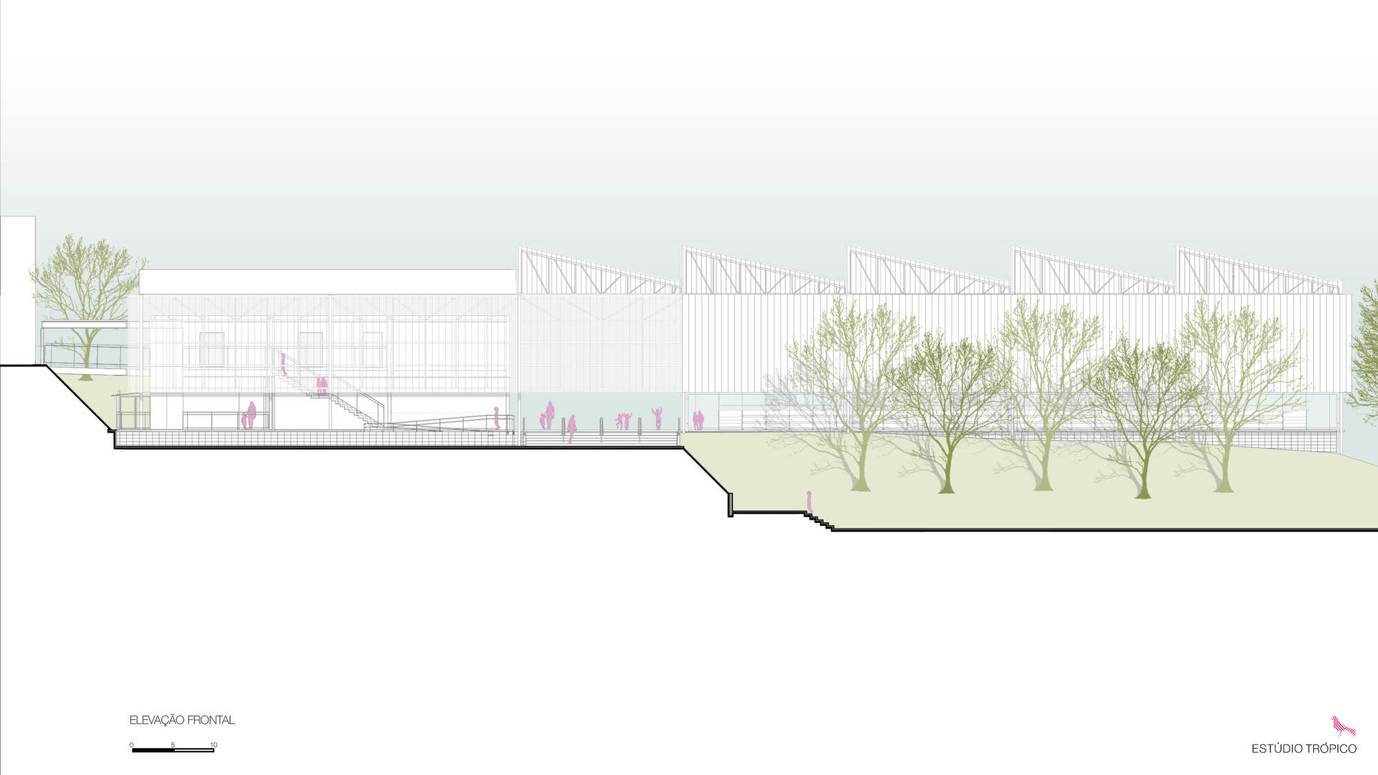 Section drawing showing a horizontal building with sawtooth roof elements and a row of trees along sloping ground