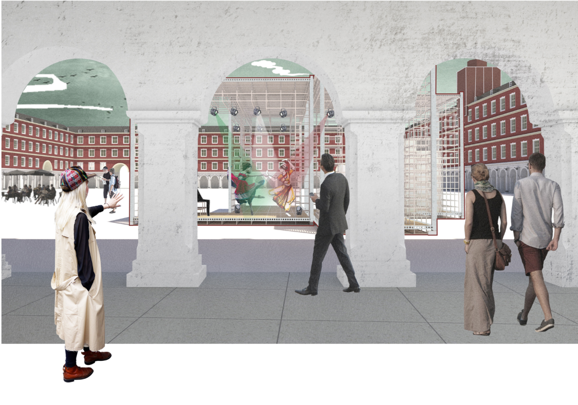 Colonnade view reveals layered audience engagement across modular theater units