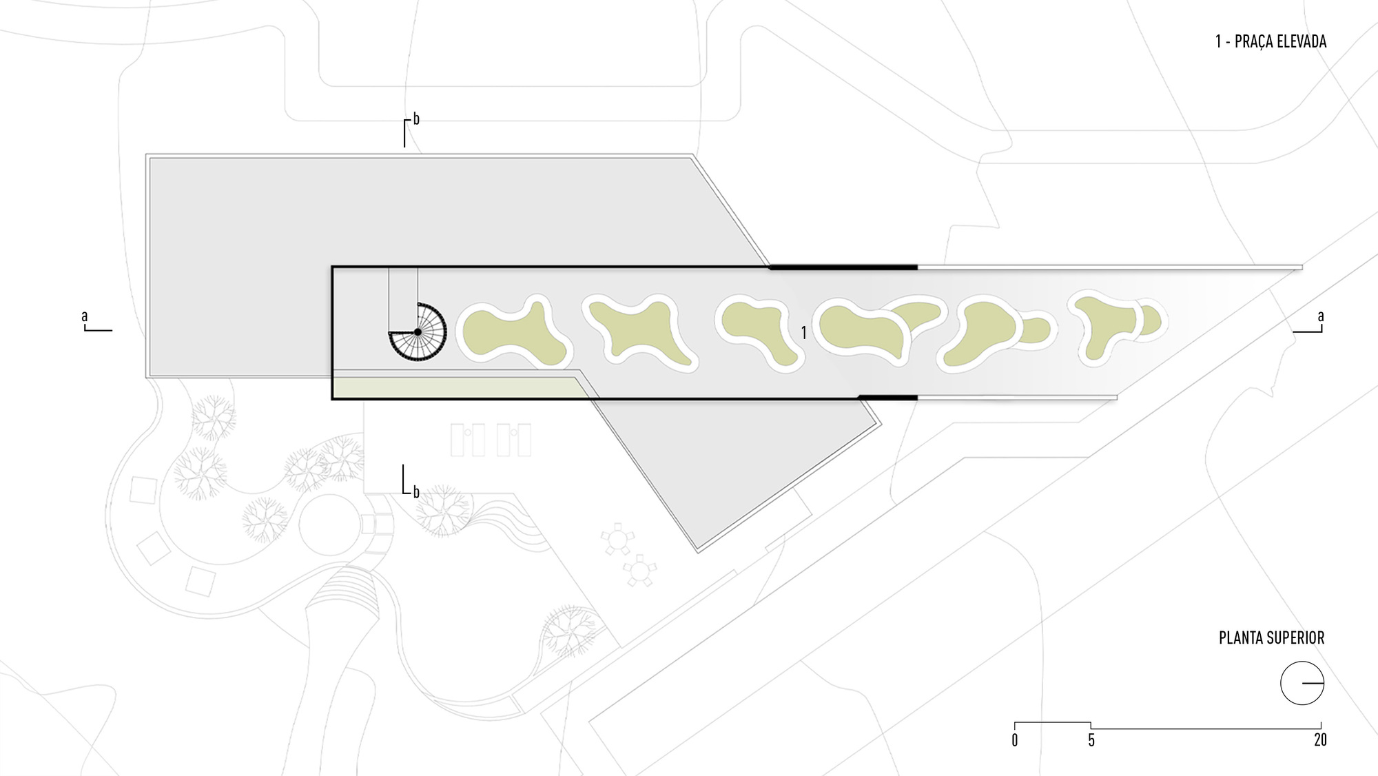 Upper floor plan drawing showing a long bar with organic skylights puncturing the roof
