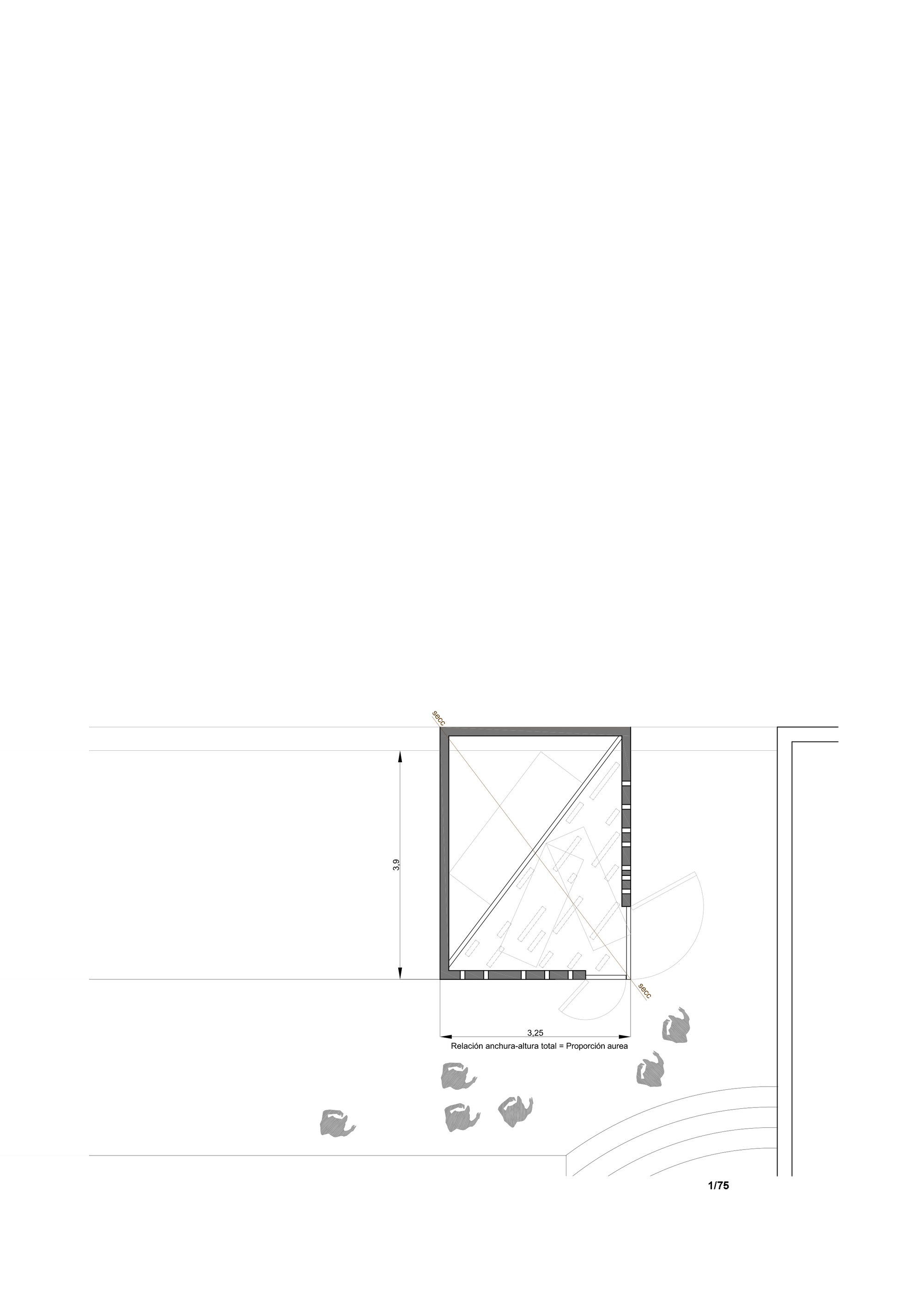 Site plan drawing showing a rectangular structure with diagonal internal bracing and surrounding landscape elements