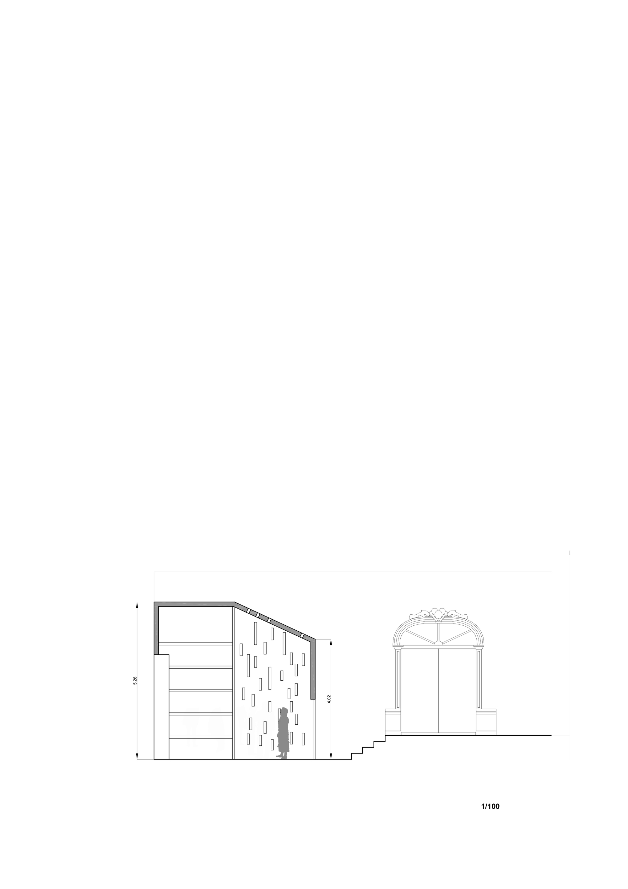 Section drawing revealing interior spaces with stepped levels and an arched doorway to the right