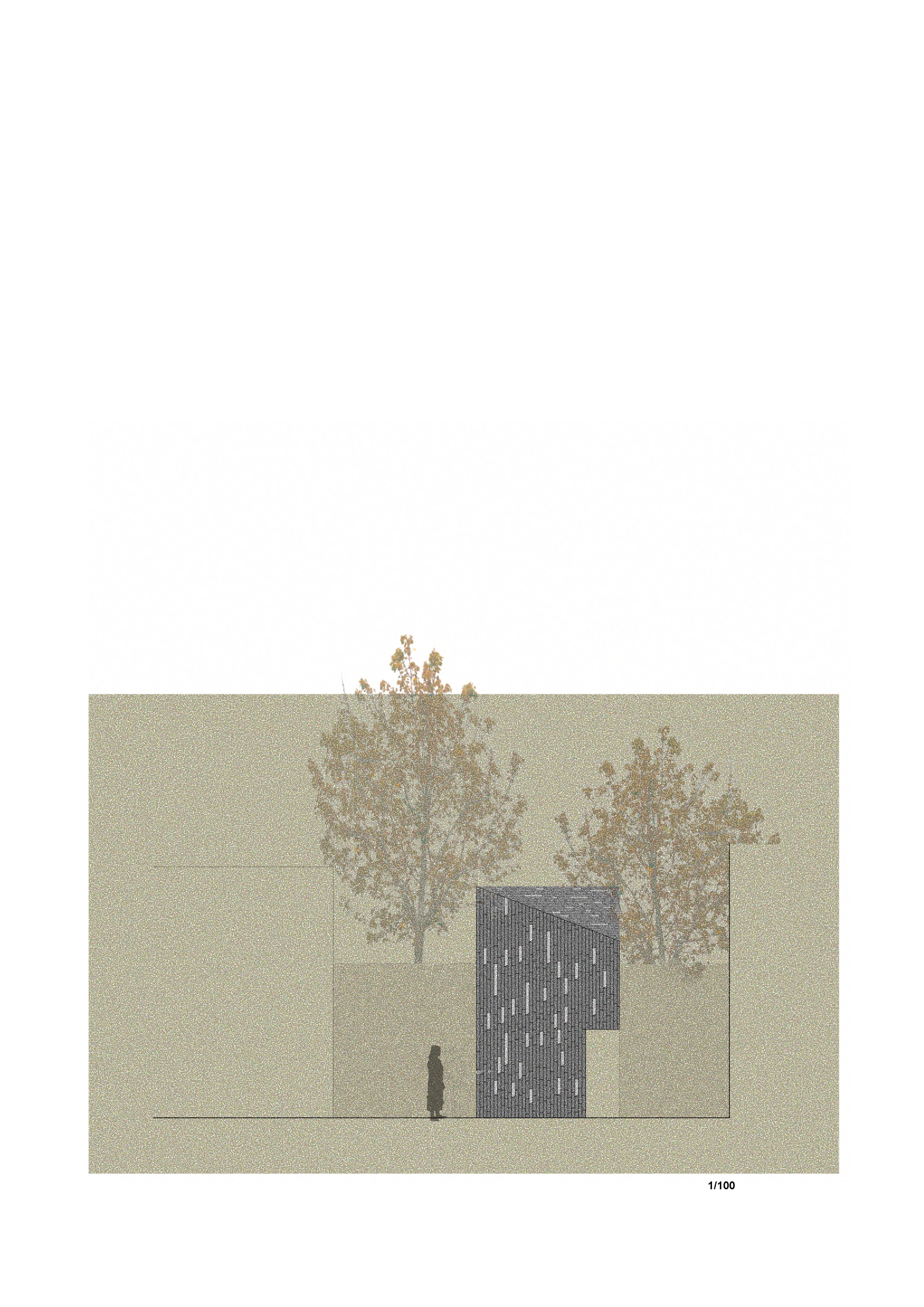 Elevation drawing of a patterned facade volume with two trees and a human figure for scale