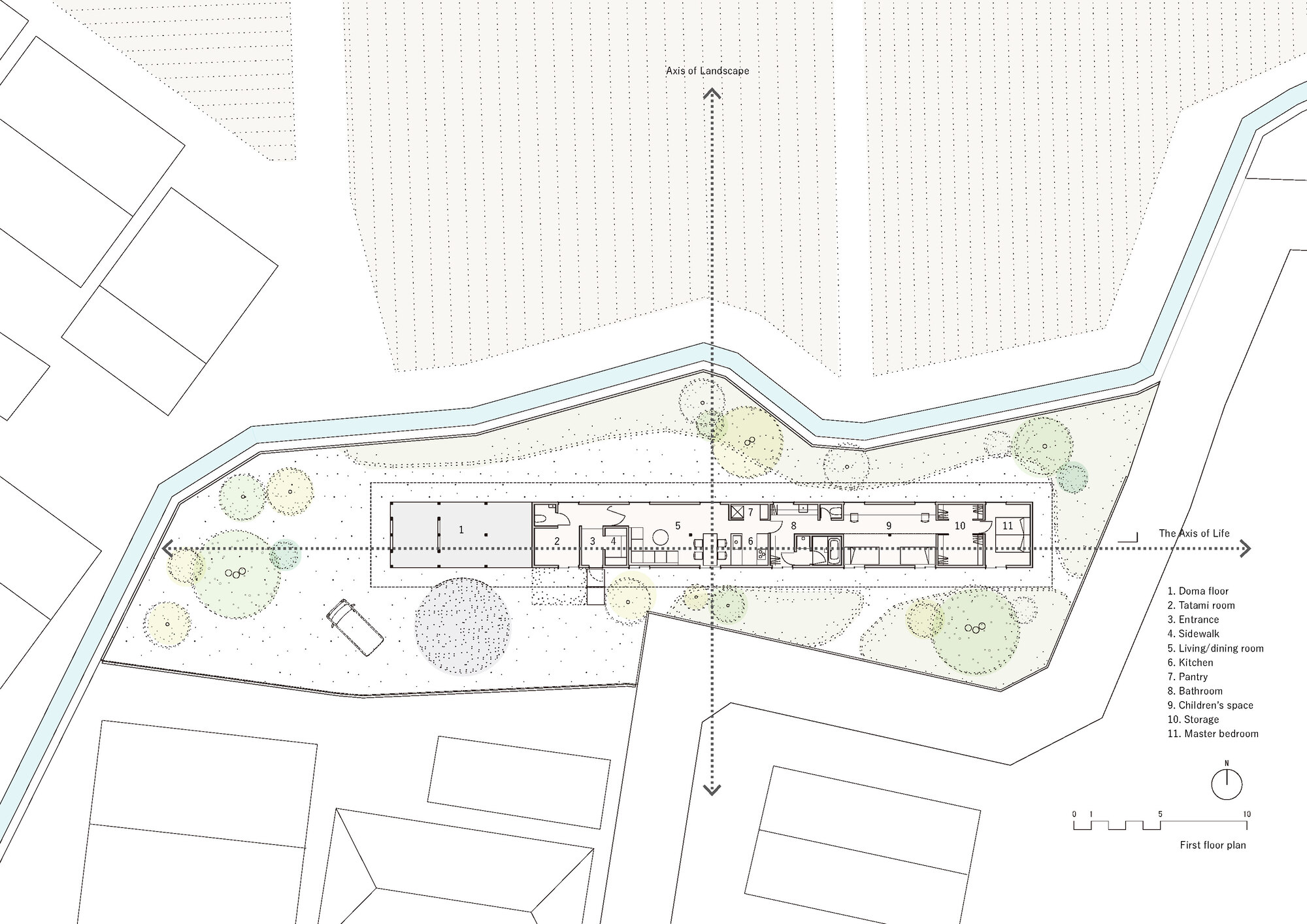 Floor plan drawing showing the linear layout with landscaped areas and surrounding agricultural context