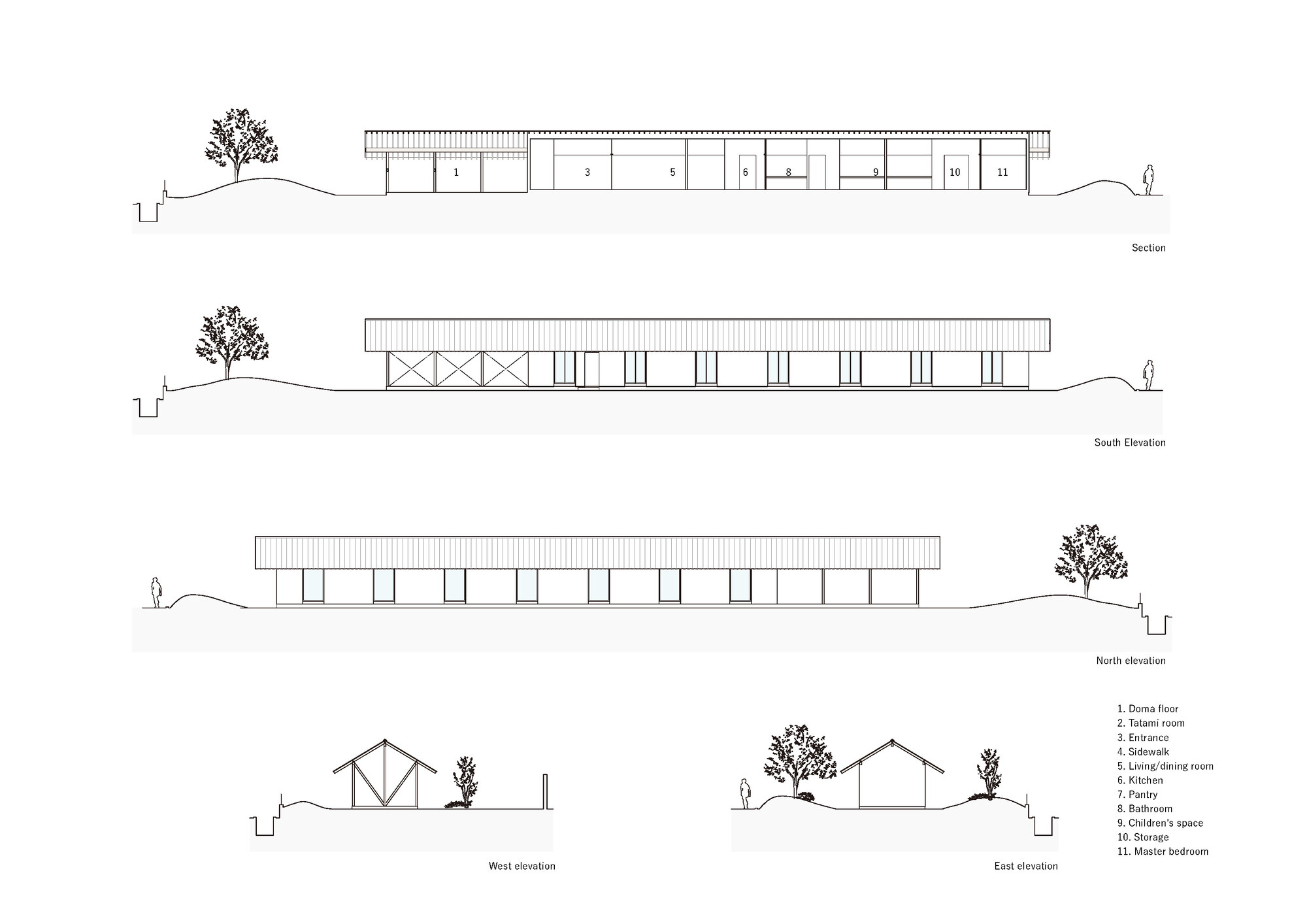Section and elevation drawings showing a long horizontal volume with flat roof and vertical slat detailing