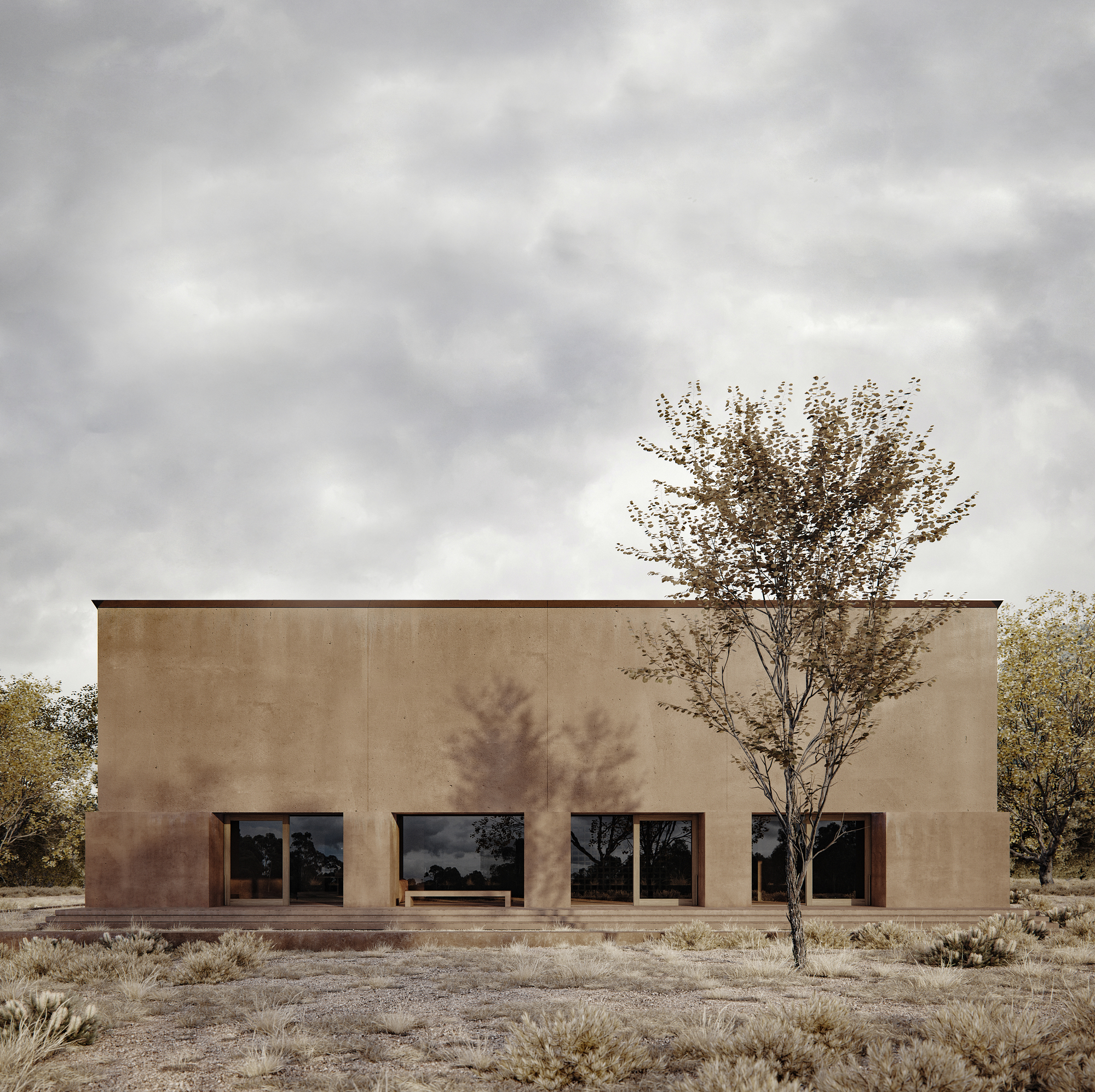 Flat facade with large square windows and central tree casting shadows on earthen wall
