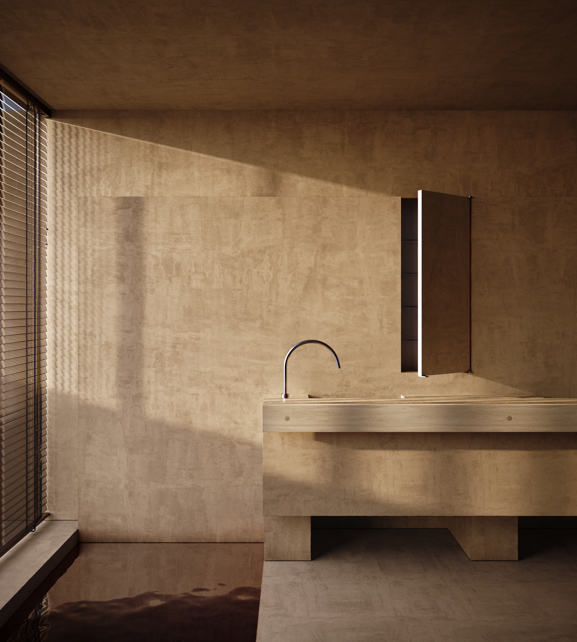Bathroom vanity with timber counter and vertical light fixture beneath slatted blind shadow patterns