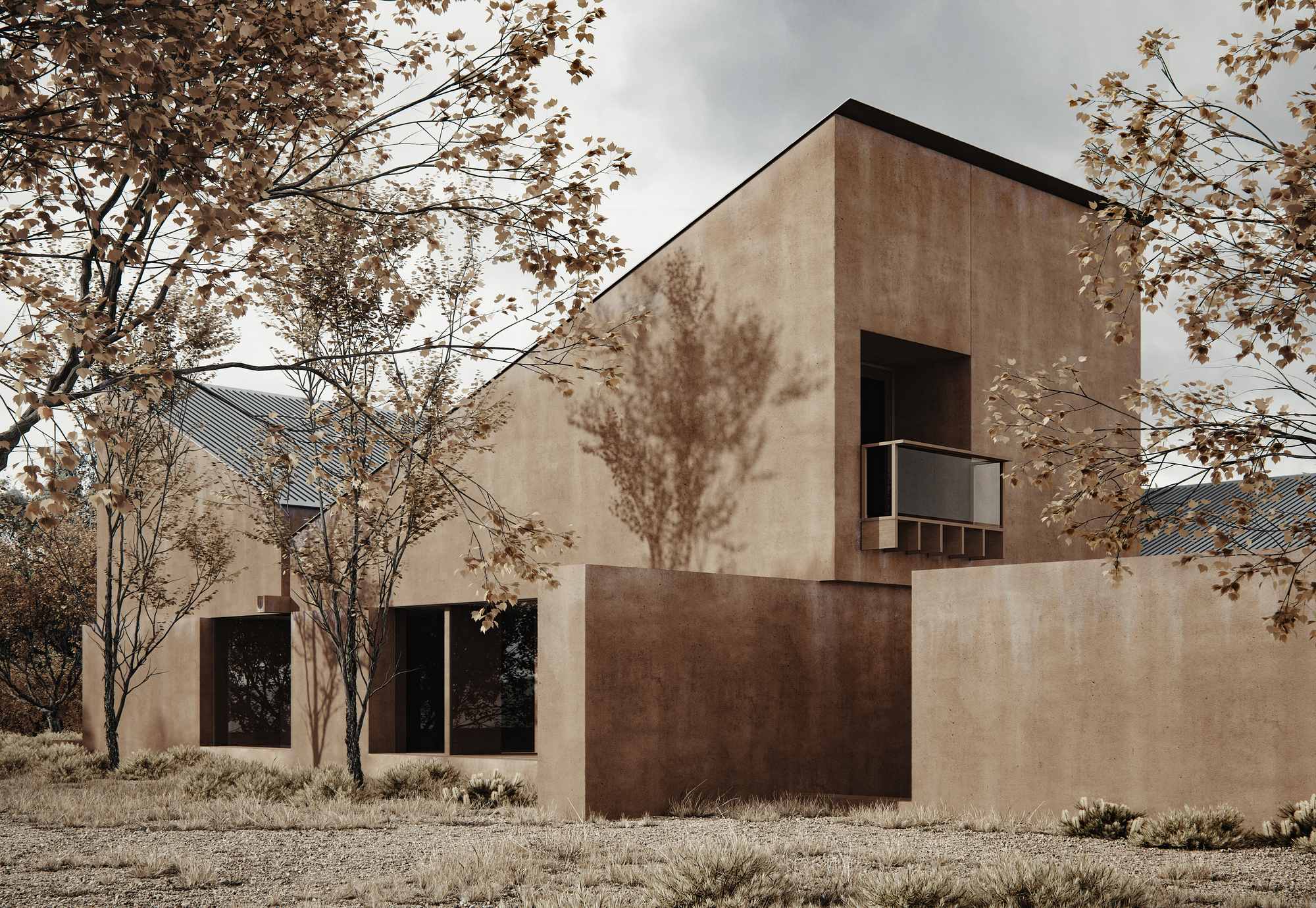 Two-story facade with inset balcony and flanking trees under overcast autumn sky