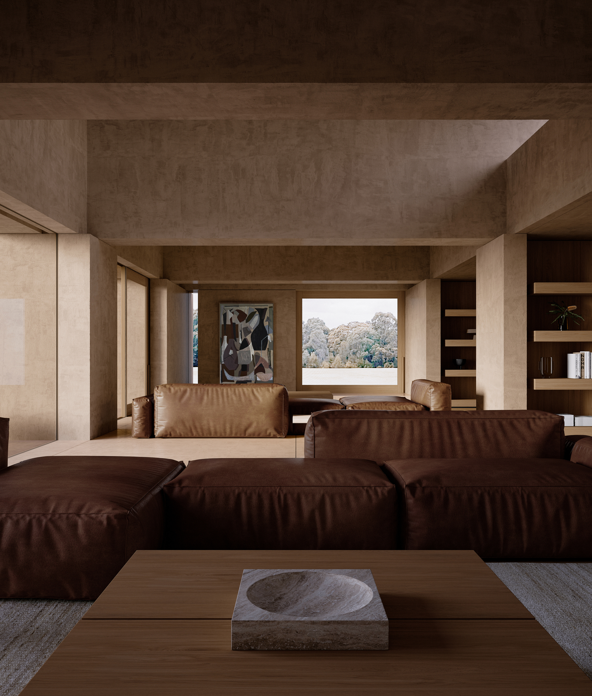 Living room with sunken brown leather seating and framed landscape view through horizontal window opening