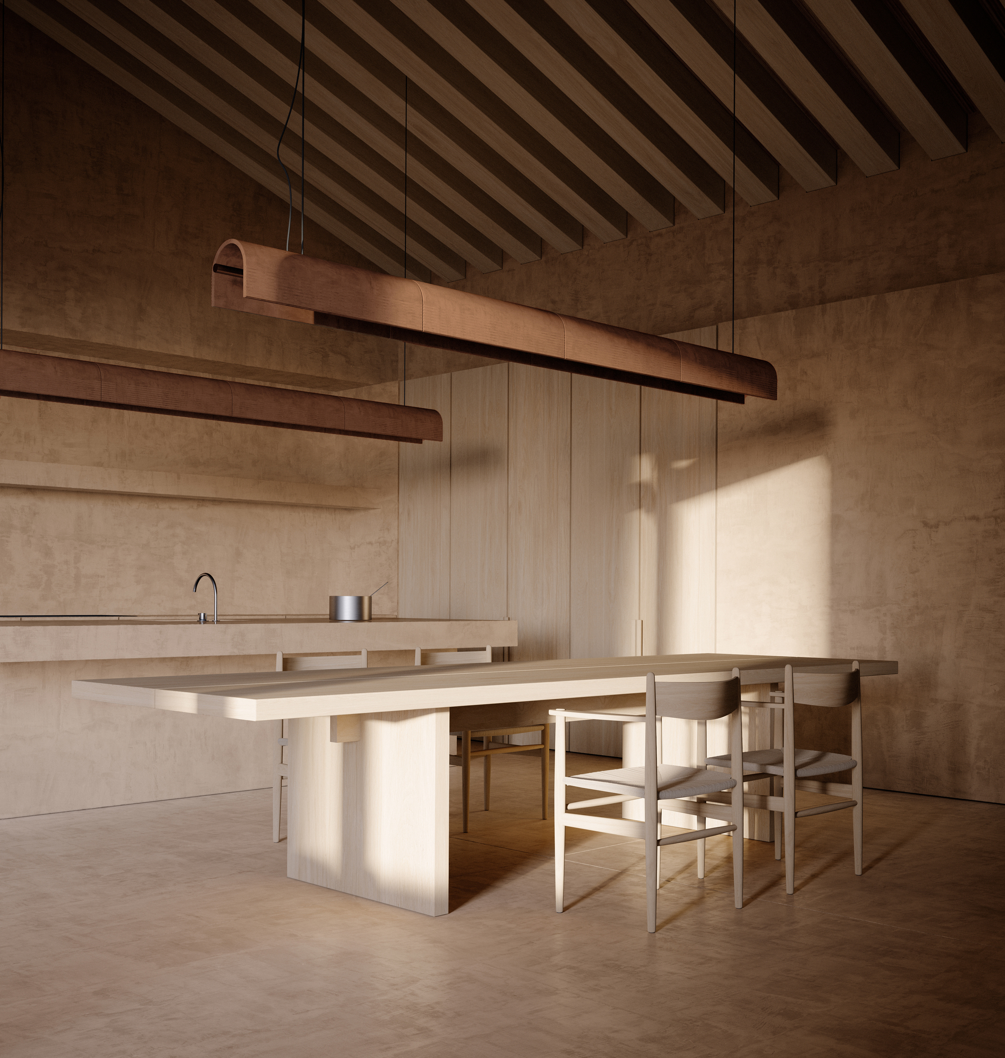 Dining area with timber table and exposed ceiling beams illuminated by linear pendant lights