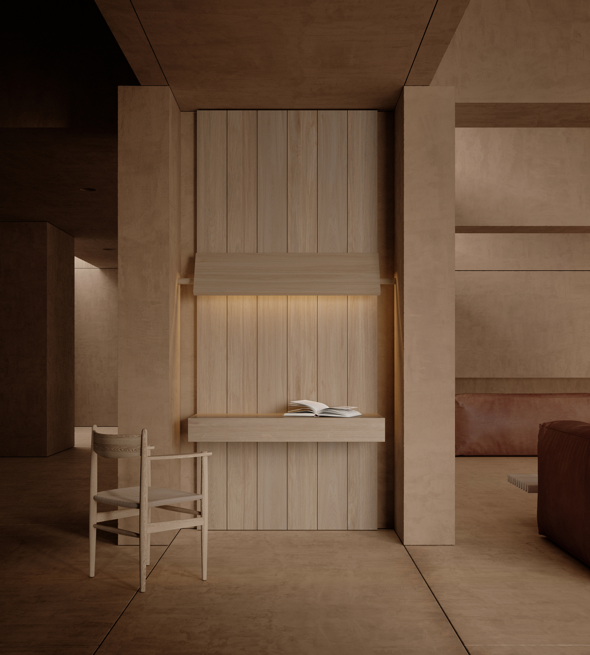 Reading alcove with vertical timber paneling and built-in bench lit by concealed warm lighting