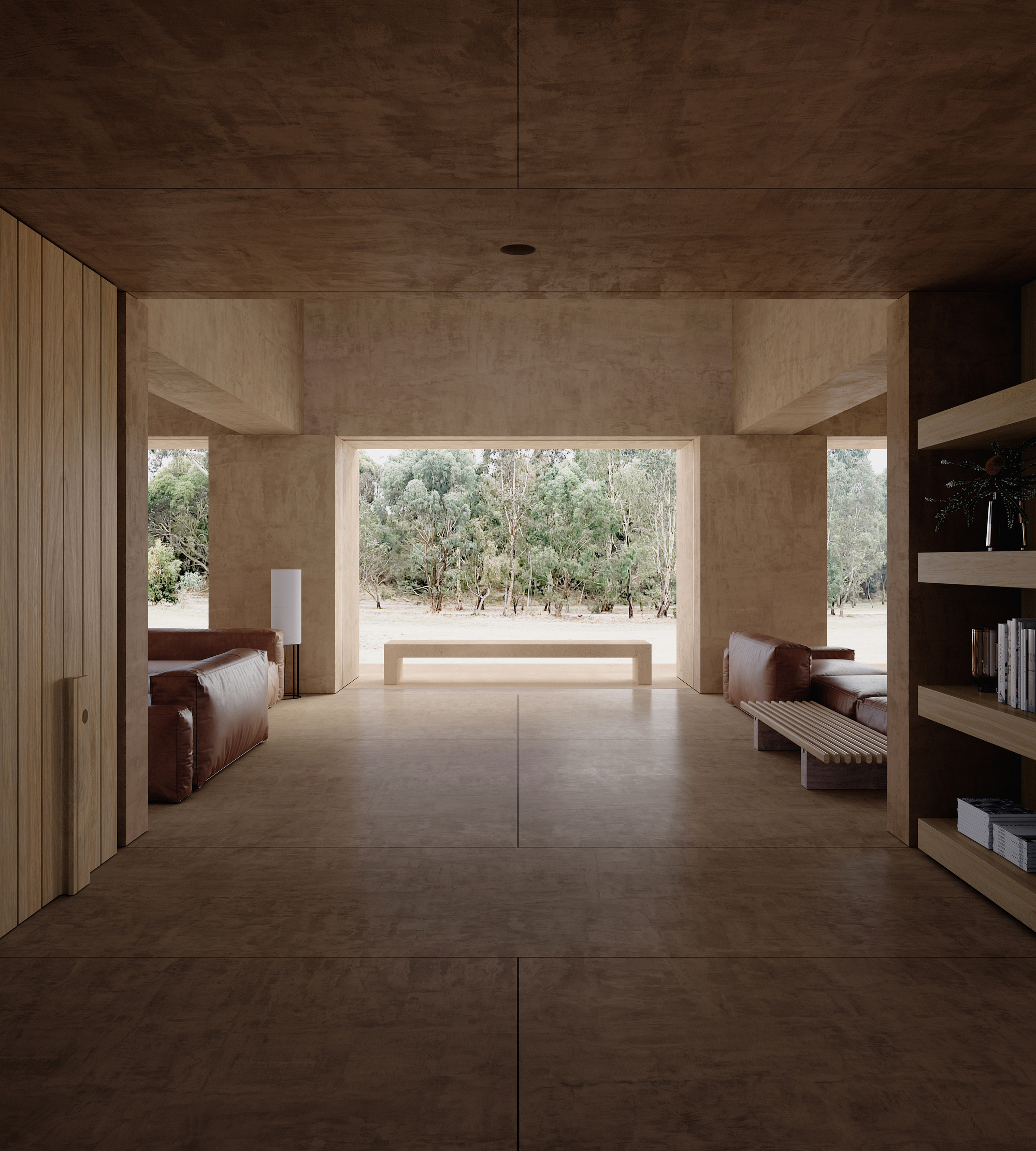 Interior hall framing view of olive grove through wide central opening flanked by corner columns