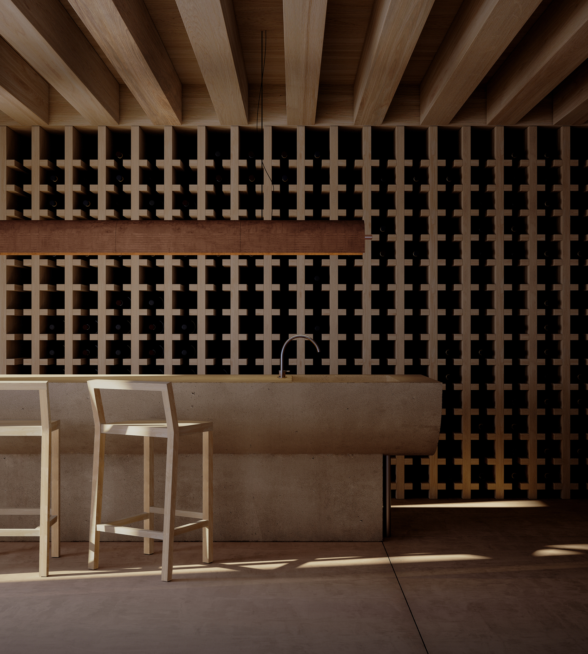 Timber lattice screen wall in kitchen area with cross-shaped perforations casting geometric shadows