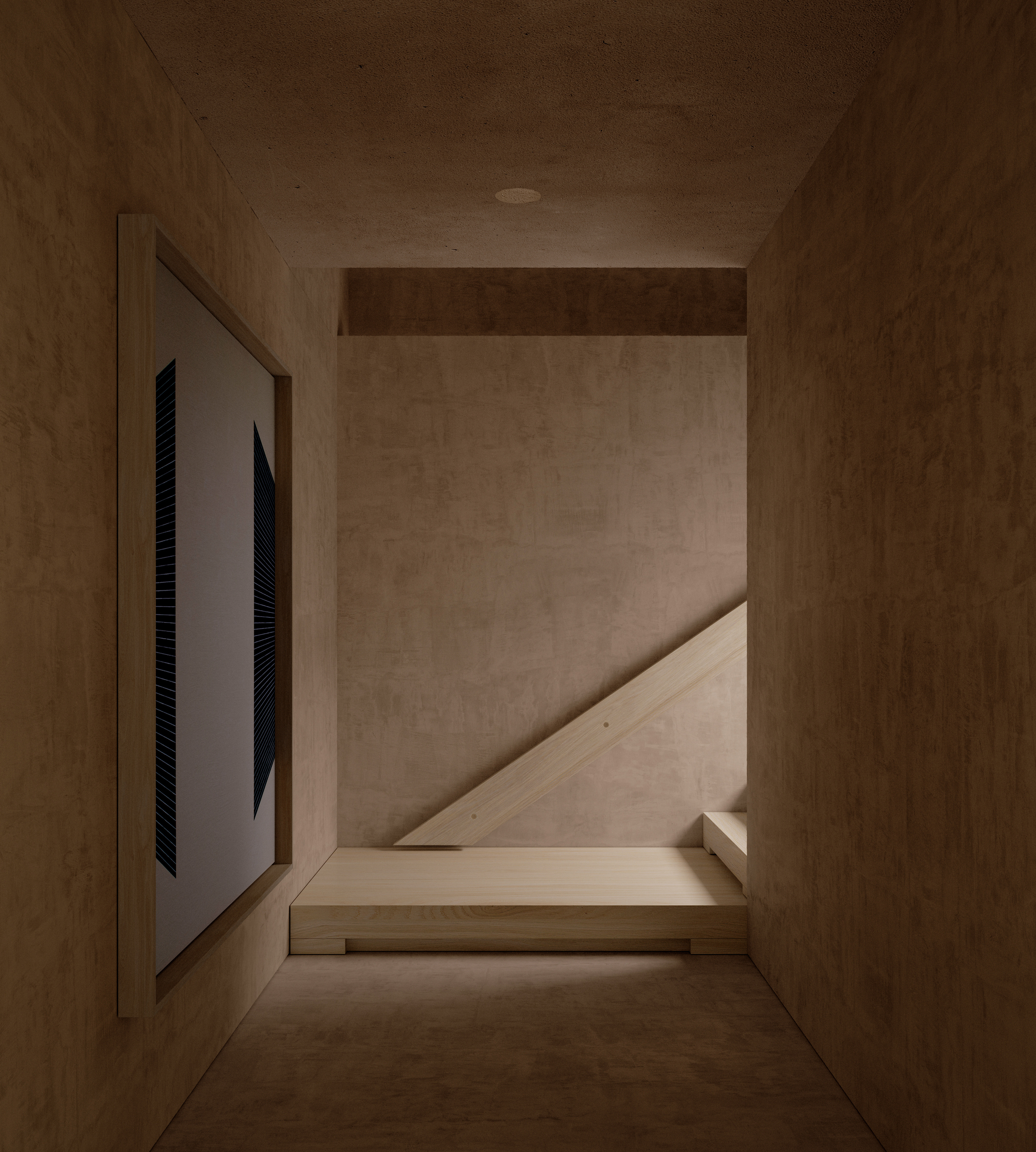 Narrow corridor with rammed earth walls leading to a timber staircase under soft ambient light