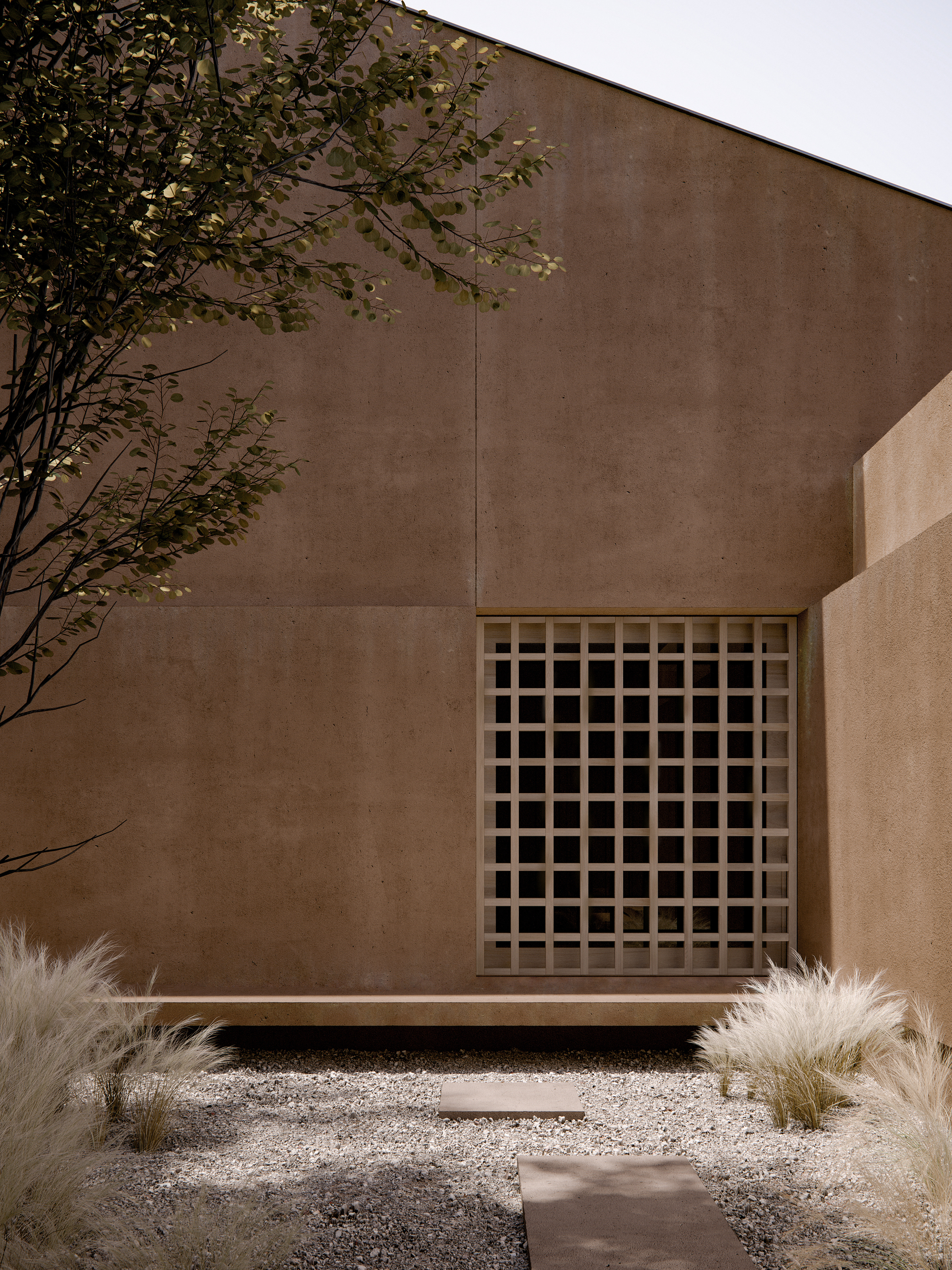 Gridded timber screen window set into a rammed earth facade beside a tree and gravel courtyard
