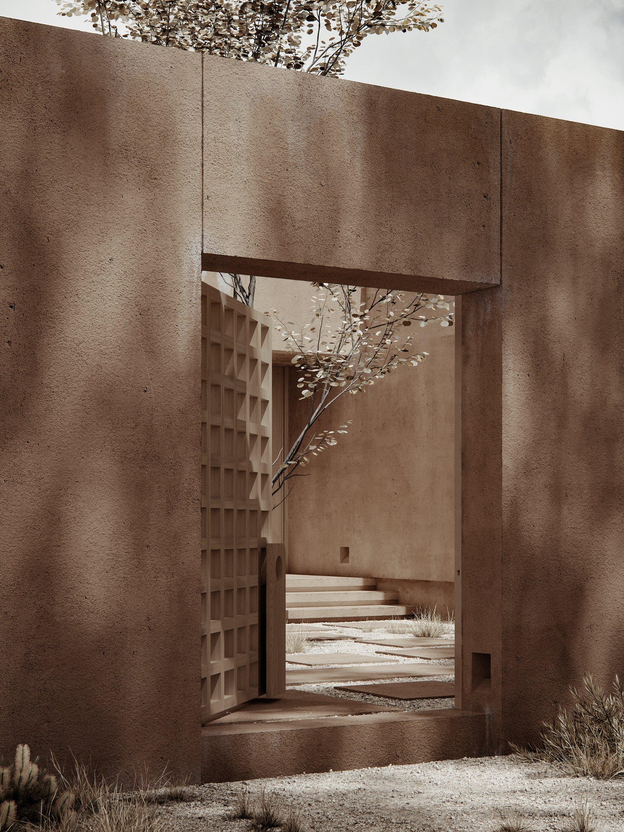 Open timber lattice gate in a rammed earth wall revealing a courtyard staircase and tree branches