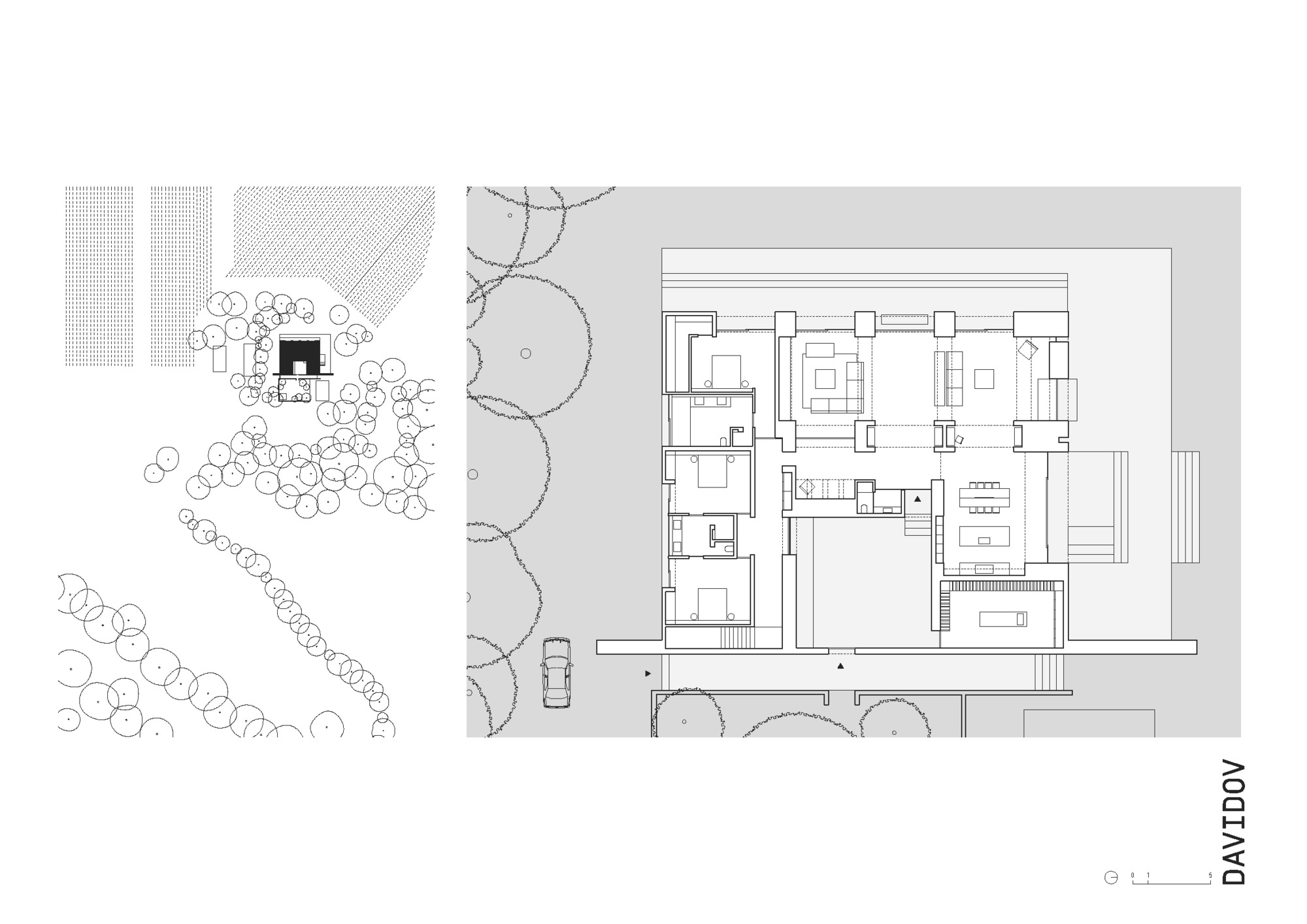 Floor plan drawing showing two-level layout with courtyards and surrounding landscape vegetation
