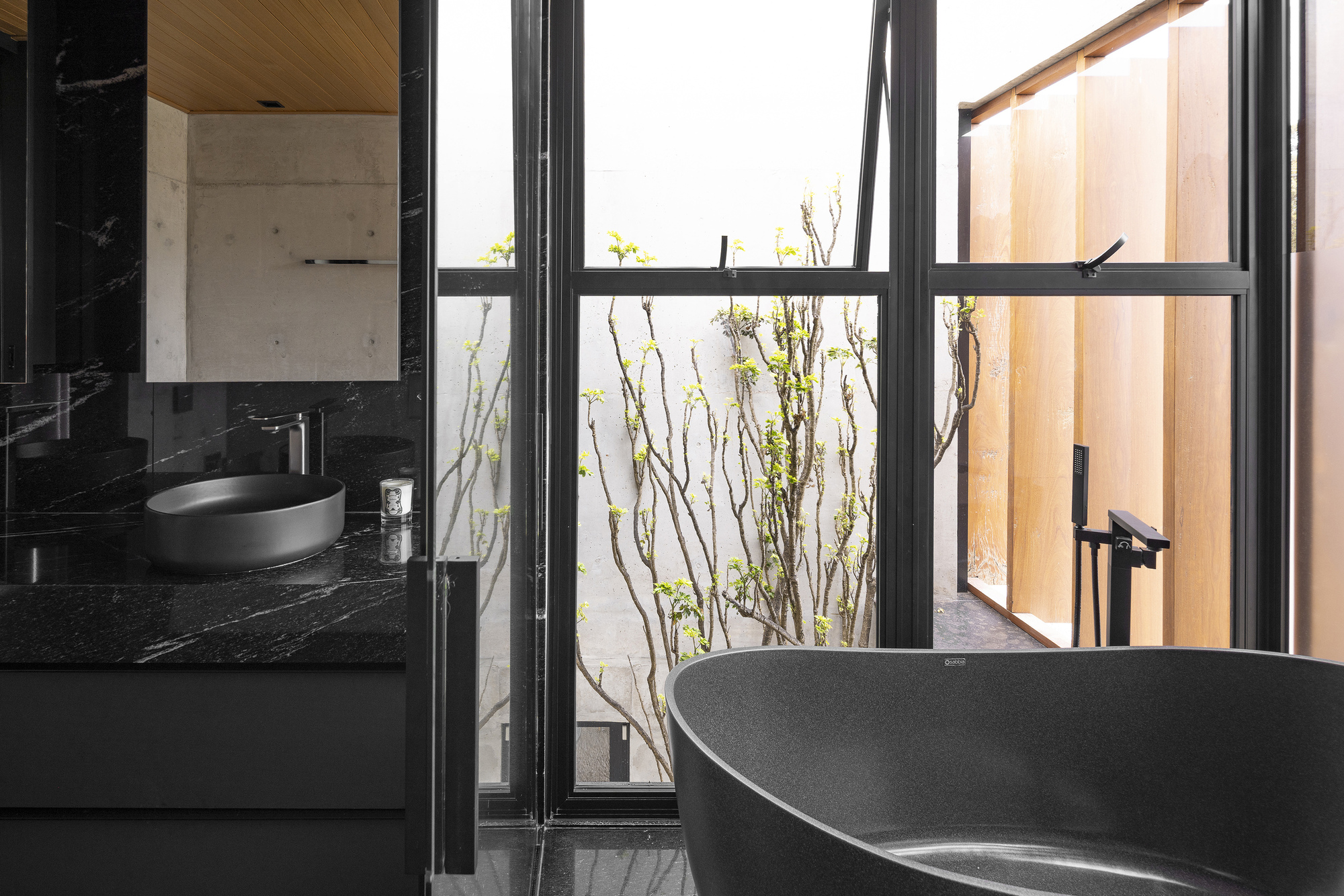 Freestanding bathtub beside steel-framed window with planted courtyard beyond