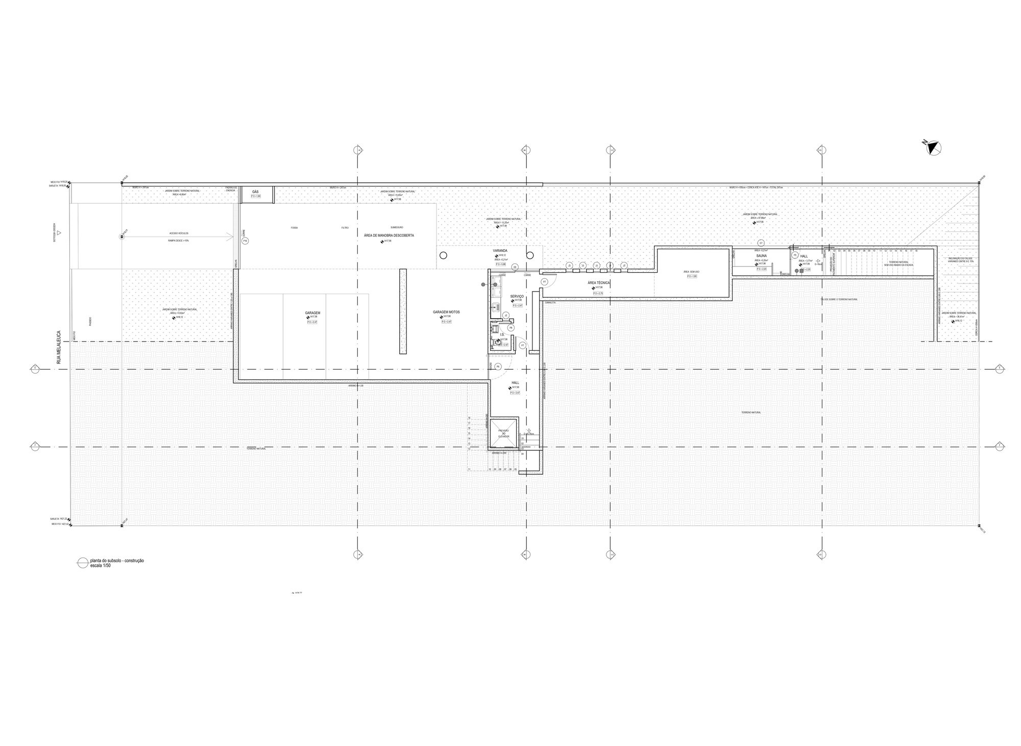 Floor plan drawing showing elongated volumes with a central circulation spine and service core