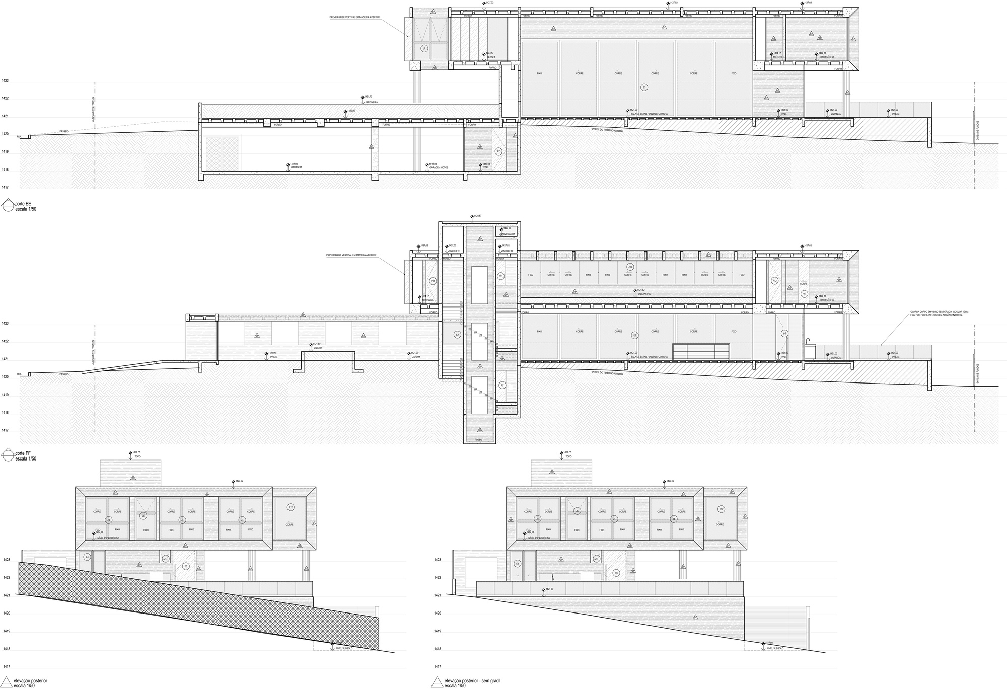 Section drawings showing multi-level spaces with varying ceiling heights and sloped site conditions