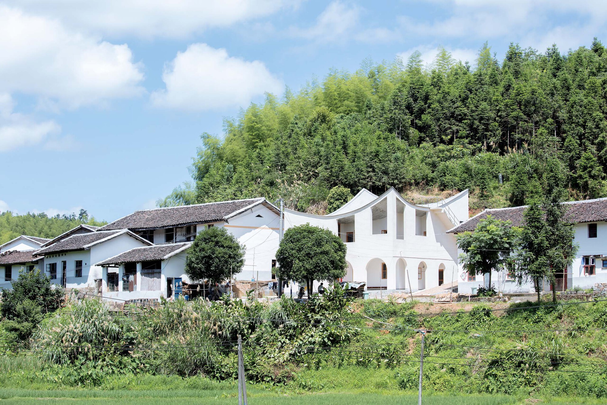 White arched facade rising between traditional tile-roofed houses with cultivated fields and bamboo forest behind
