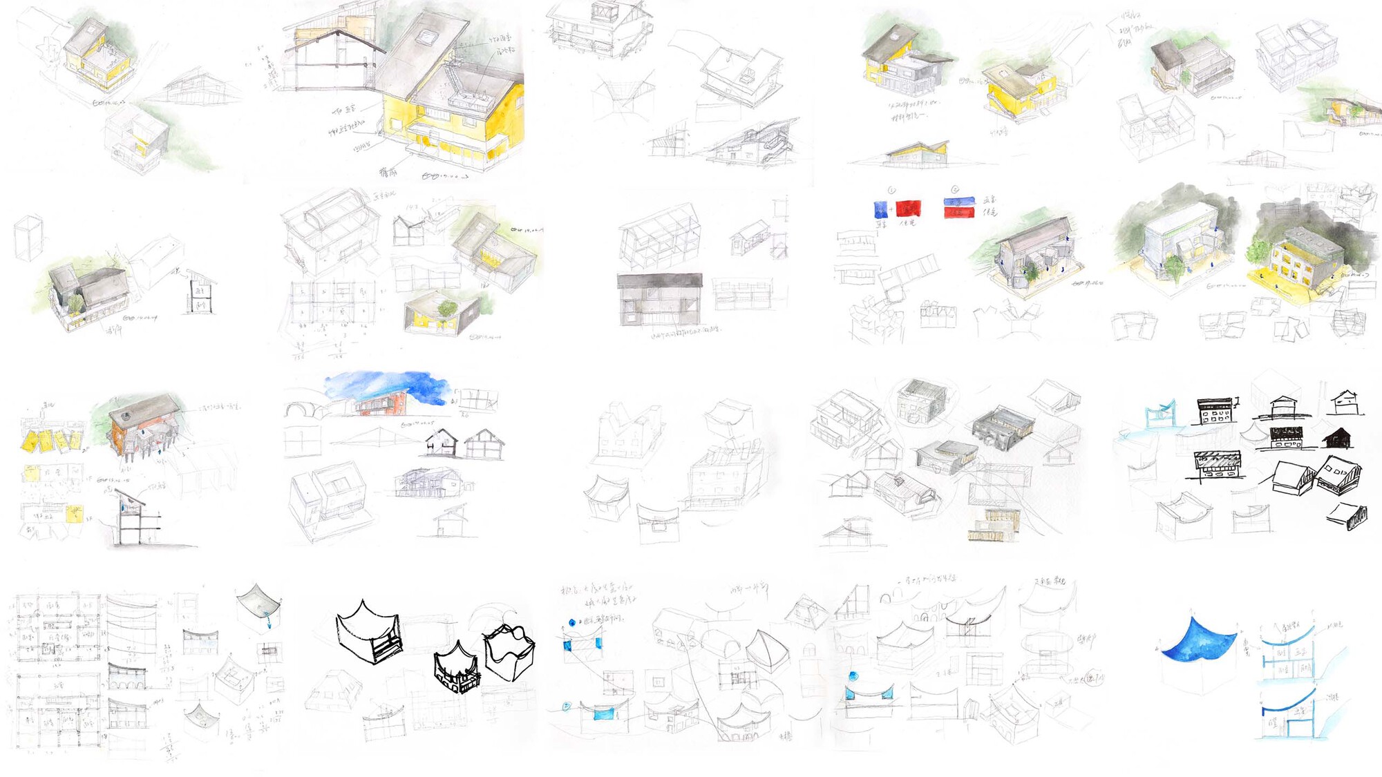Collection of conceptual sketches showing various roof forms, sections, plans and axonometric studies with color highlights