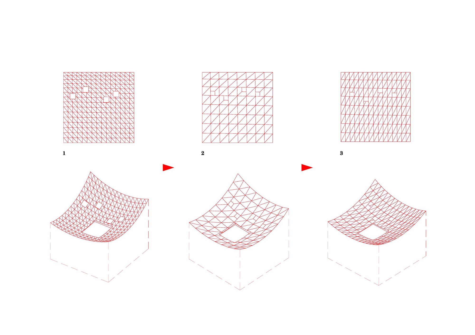 Diagram illustrating three grid patterns transforming into draped roof surfaces with central openings