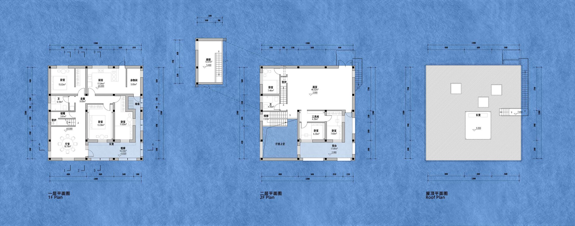 Floor plan drawings showing three levels of a residence with tower element and labeled rooms