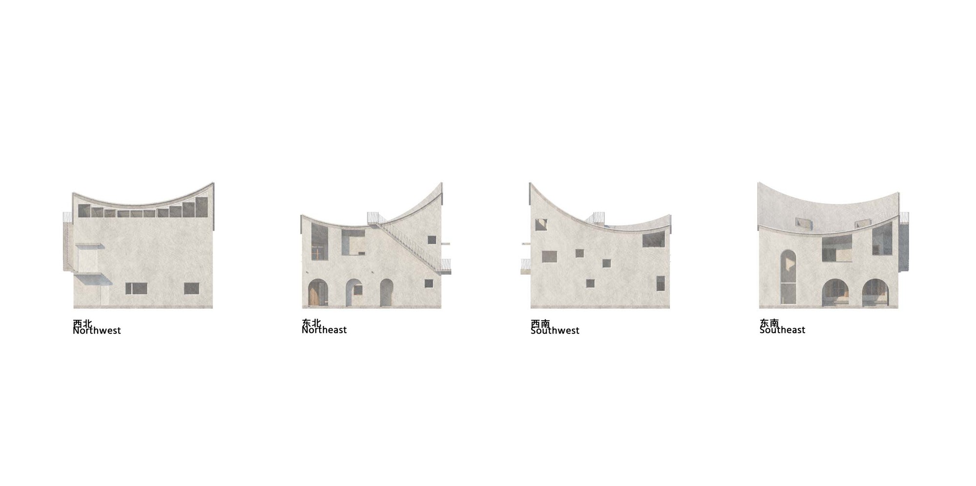 Elevation drawings of four facades showing arched openings and curved roofline with varied window placements