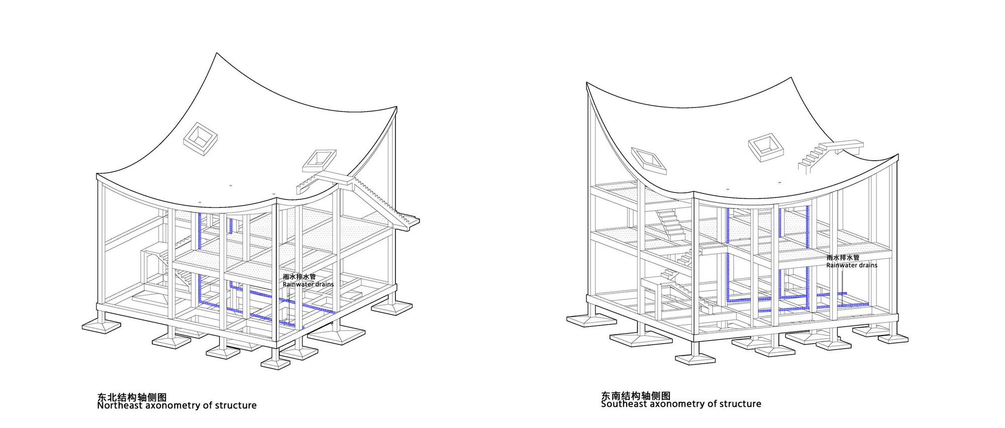Axonometric diagrams revealing the structural framing system beneath the curved roof with symmetry annotations