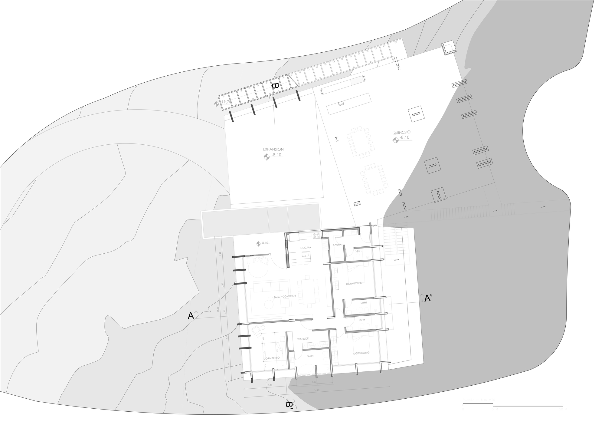 Site plan drawing showing two rectangular volumes on sloping terrain with topographic contour lines
