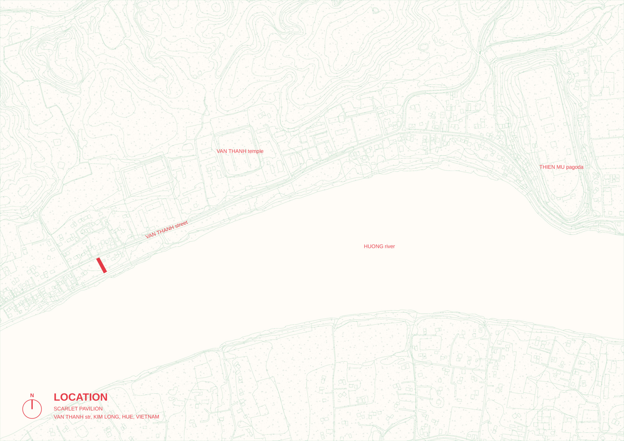 Site location map showing the building footprint adjacent to a river and surrounding street network